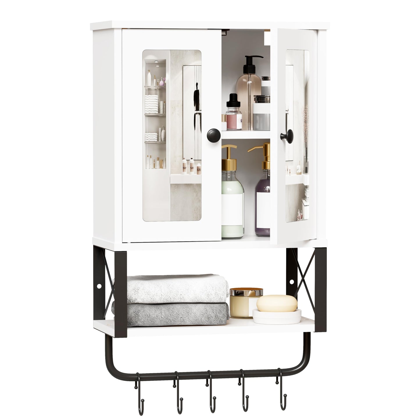 BEWISHOME Bathroom Wall Cabinet with Mirror, Wall Mounted Medicine Cabinet Over The Toilet with Towel Bar and Adjustable Shelf, 7.1" D x 15.4" W x 24.4" H, White YYG10W