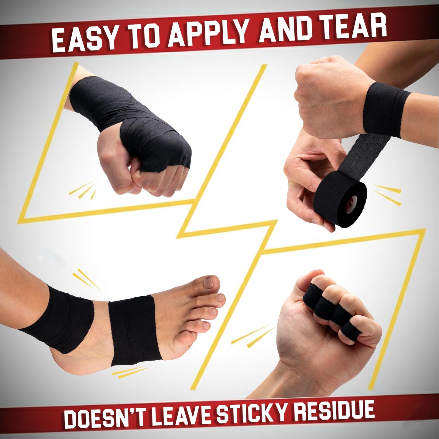 Summum Fit Black Athletic Tape Extremely Strong: 3 Rolls + 1 Finger Roll. Easy to Apply & No Residue. Sports Tape Athletic for Boxing Football Climbing or Gymnastics for Wrist Ankle & Hand Protection