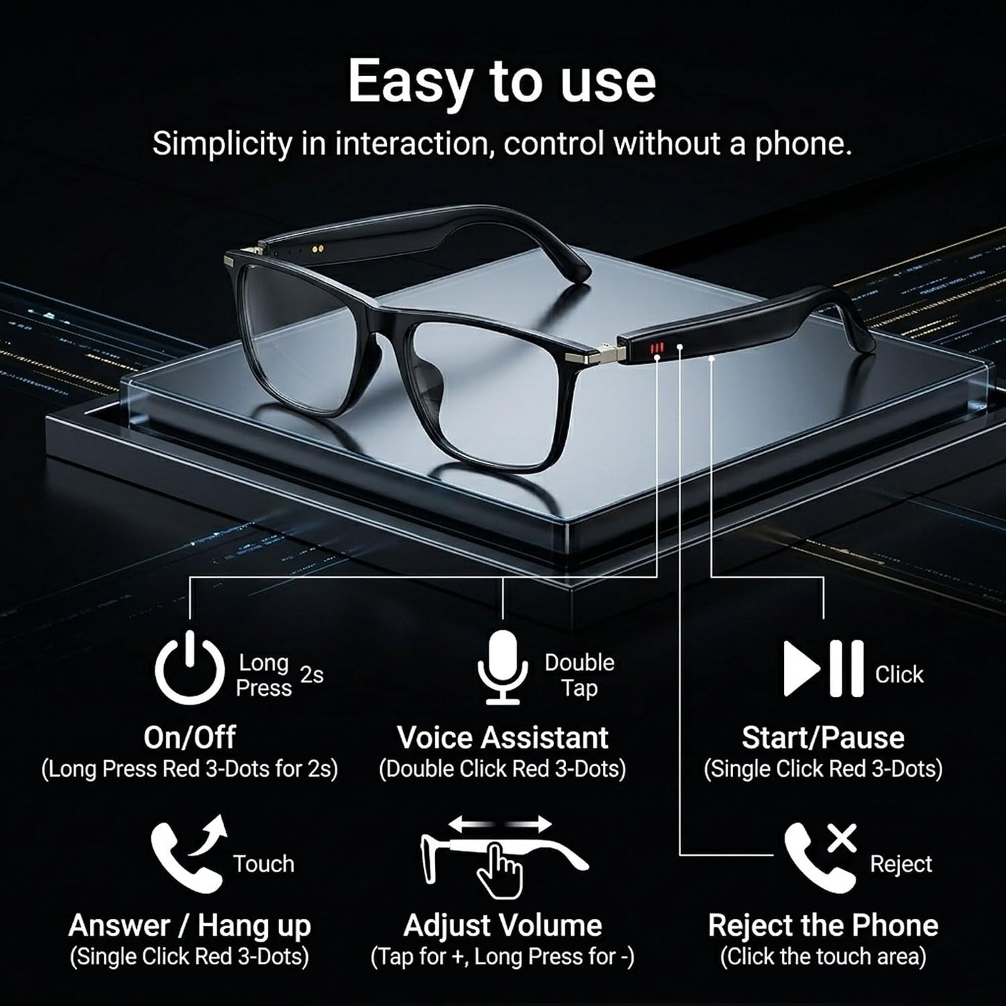 Fecoul 164 Glasses-M01-Black) AI Smart Bluetooth Glasses with Languages Translator with Speaker Photochromic Lenses