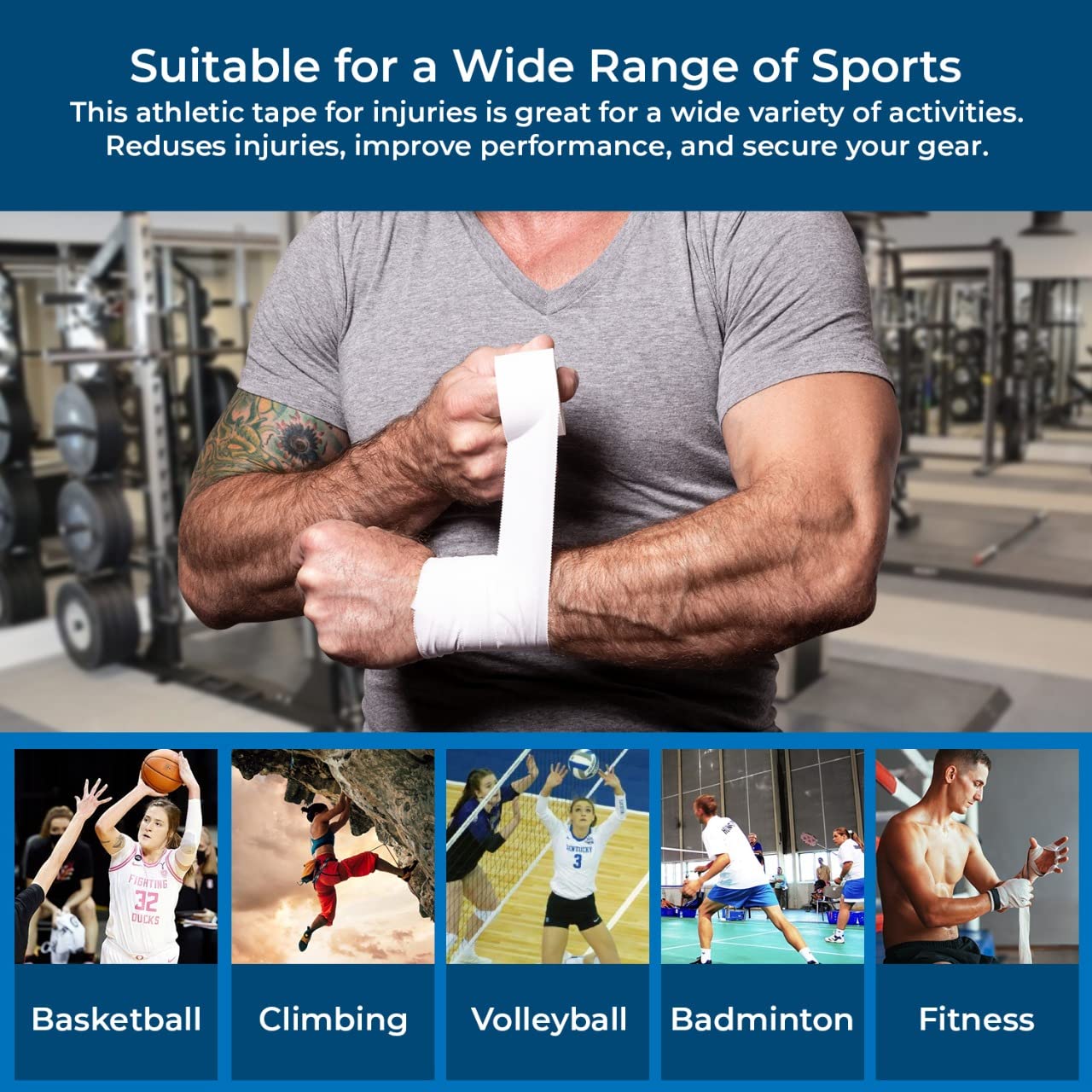Affordtex Athletic Sports Tape – 8 Adhesive Rolls -No-Sticky Residue – White Medical Tape - Sport Tape -Skin Friendly Athletic Tape 1.5" x 10 Yards for Athletes, Coaches, Amateurs (8, White)
