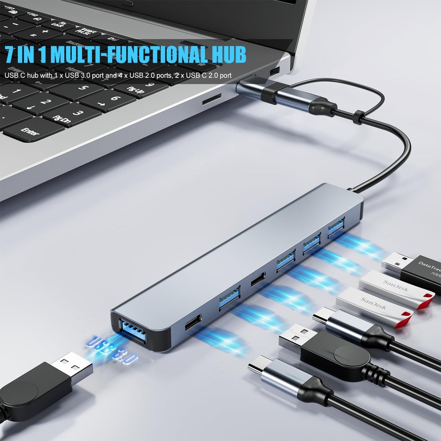 FAWETTY 7 1 2* 5* 3.0 2.0 PS4, Aluminum in USB C/USB Hub, USB C and USB, USB and USB Ports, Ultra Slim Portable USB
