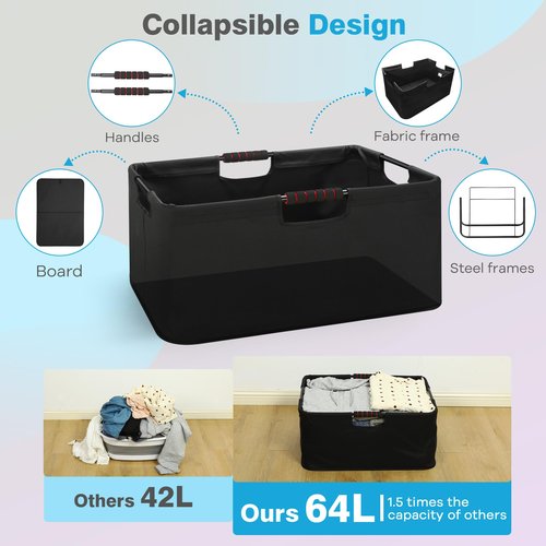 Large Laundry Basket with handle 2 Pack, Laundry Room Organization, 64L Freestanding Laundry Hamper for Family, Waterproof Foldable Basket and Collapsible Tall Clothes Hamper to Easy Installation