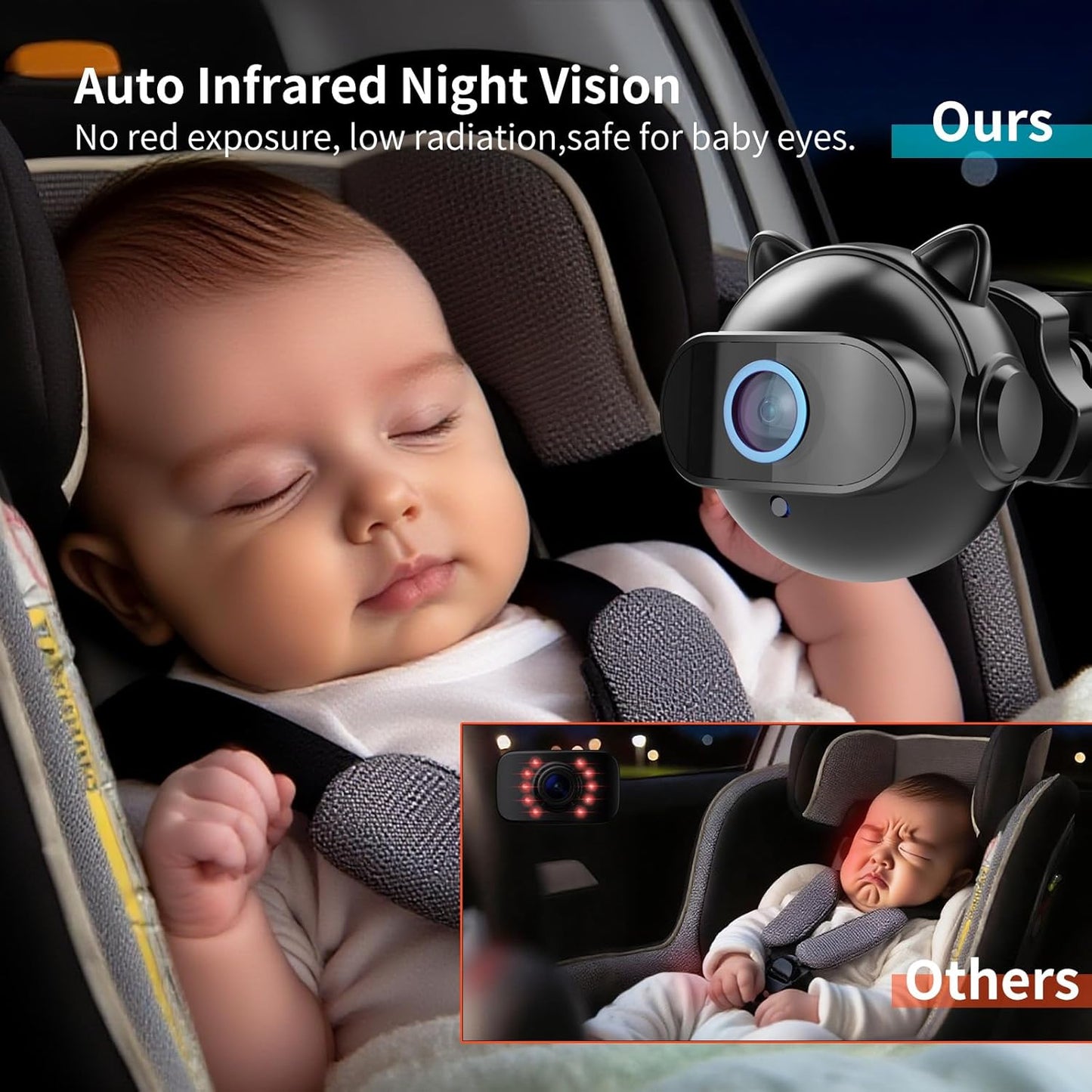 Setup 4.3'' 1080P 4X Zoom,10 360 Baby Car Camera,Plug and Play Easy HD Car Baby Monitor with Lullabies, Auto IR Night