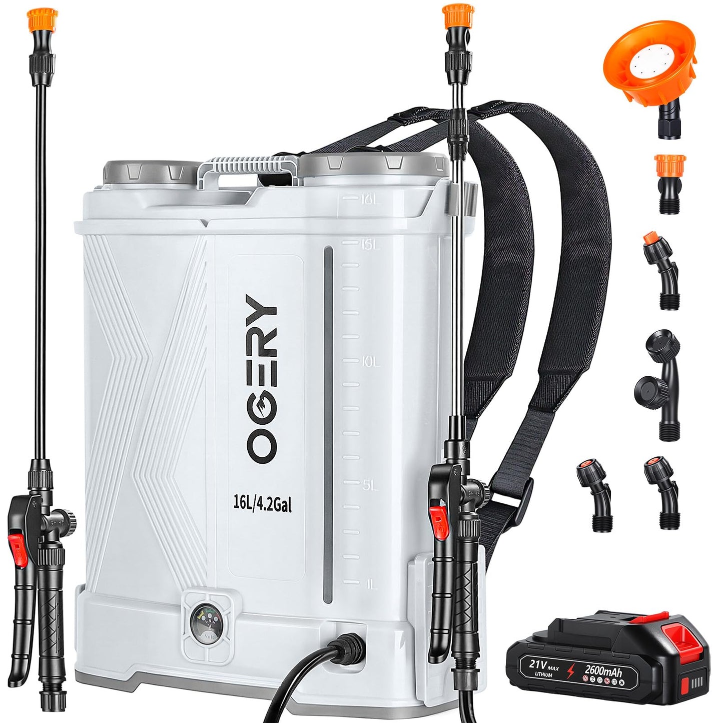 OGERY Battery Powered Backpack Sprayer 4 Gallon, 2.6Ah 21V Battery Electric Pump Sprayer with 6 Nozzles, Telescopic Stainless Steel + Plastic Wand for Lawn Garden Weed Yard Cleaning (Charger Included)