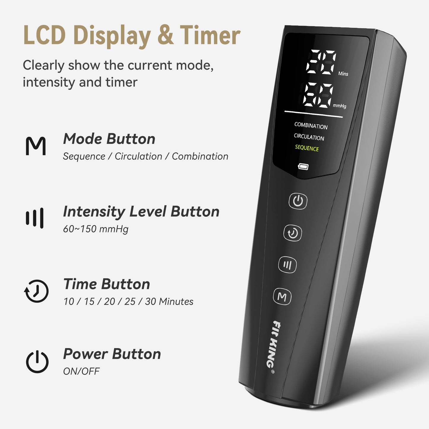 FIT KING Rechargeable Leg and Foot Massager - Cordless Air Compression Full Leg Boots Massager for Circulation and Recovery - Pressure Sensor & LCD Display - 3 Modes 10 Intensities 5 Timer Functions