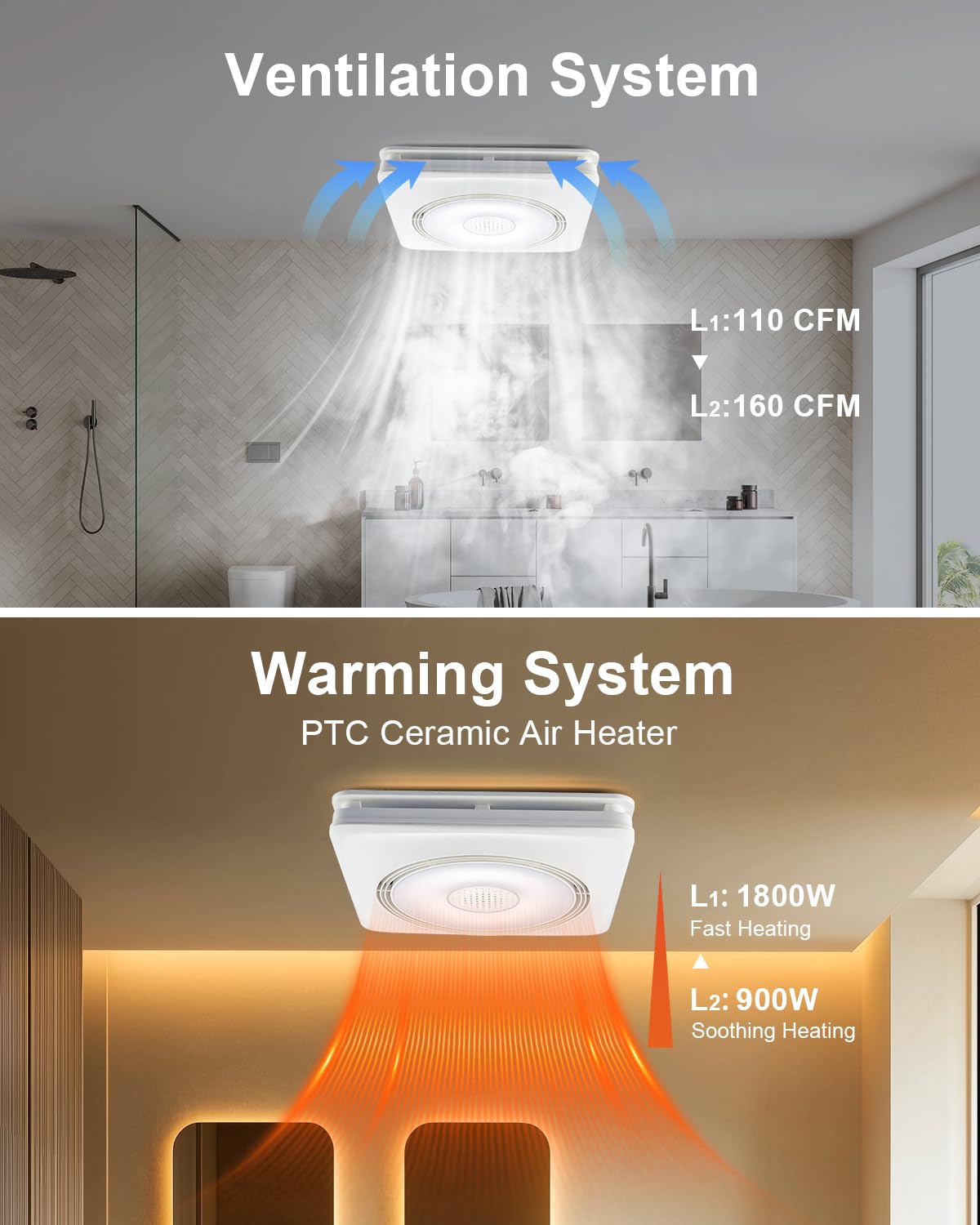 GROWNEER Bathroom Exhaust Fan with Bluetooth Speaker and Heater, Quiet Exhaust Ventilation Fan with Light & Remote 110/160 CFM 1.0 Sone, 9 RGB Modes, 1500lm 3-CCT & Nightlight