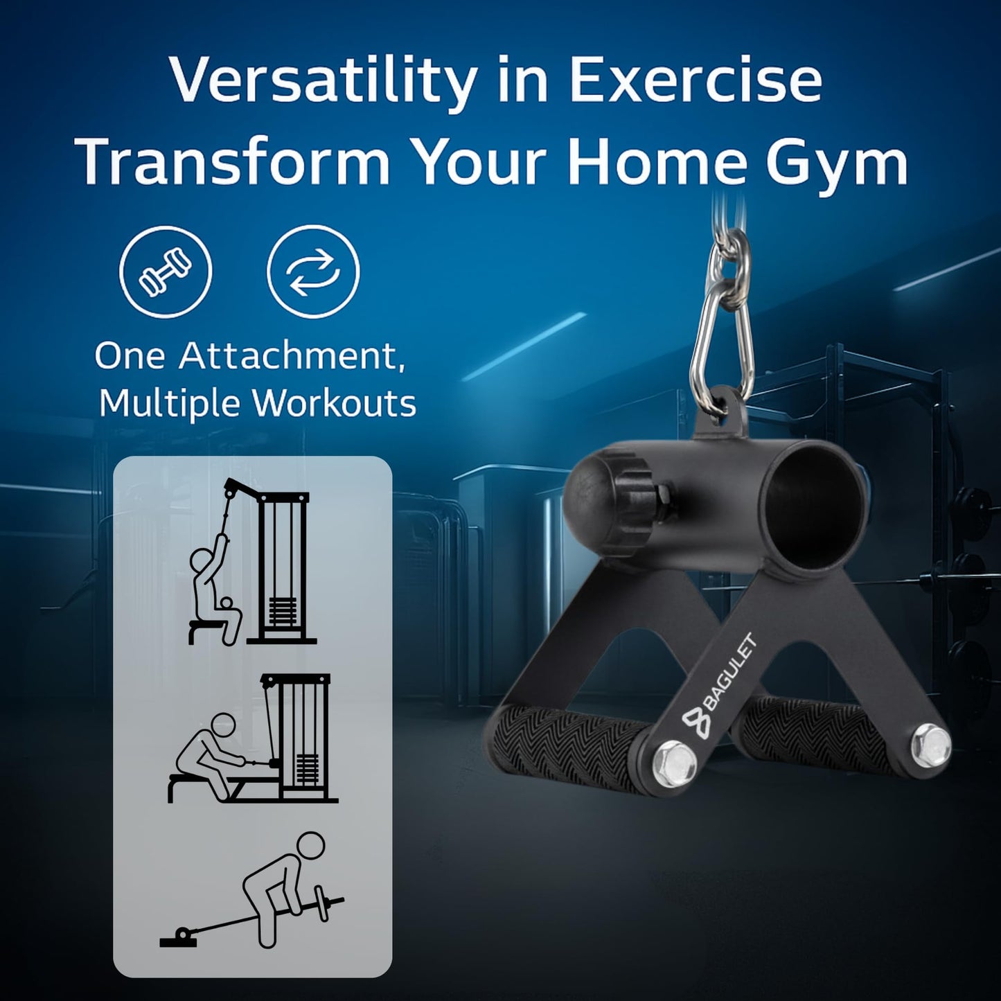 Bagulet V Bar Attachment: Row Machine, LAT Pulldown, Landmine Handle, Soft Grip, Black, Home Gym Fitness Equipment, Includes Cooling Towel, Versatile Steel Design, Fits 2" Olympic Bars