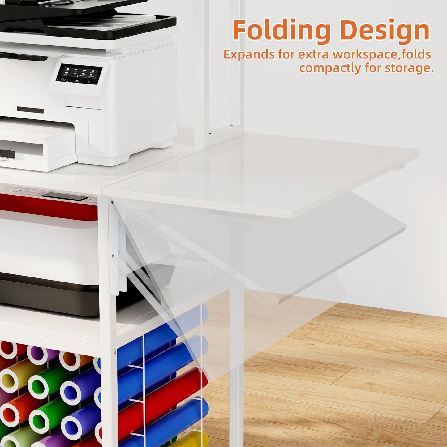 KEIKI Large Foldable Heat Press Table with Storage and Pegboard, Rolling Heat Press Stand with Vinyl Holder and Drawer, Heavy Duty Metal Craft Workbench for Sublimation Transfer, White
