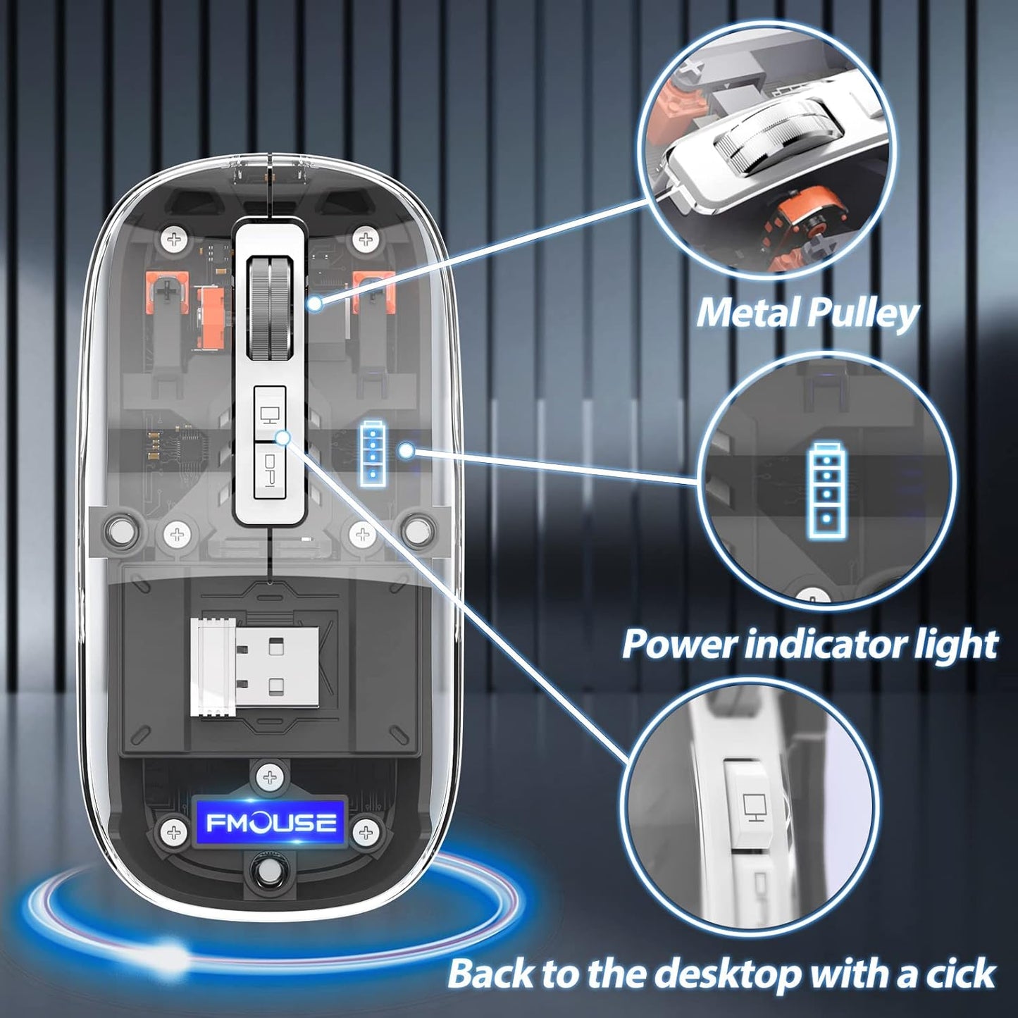 Razemate BT5.1/2.4G Transparent Wireless Mouse Bluetooth Mouse Rechargeable Mute Laptop Mice