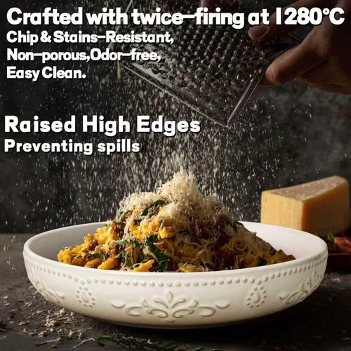 Artena Large Pasta Bowls Set of 4 - 50oz White Ceramic Salad & Soup Bowls | Microwave & Dishwasher Safe