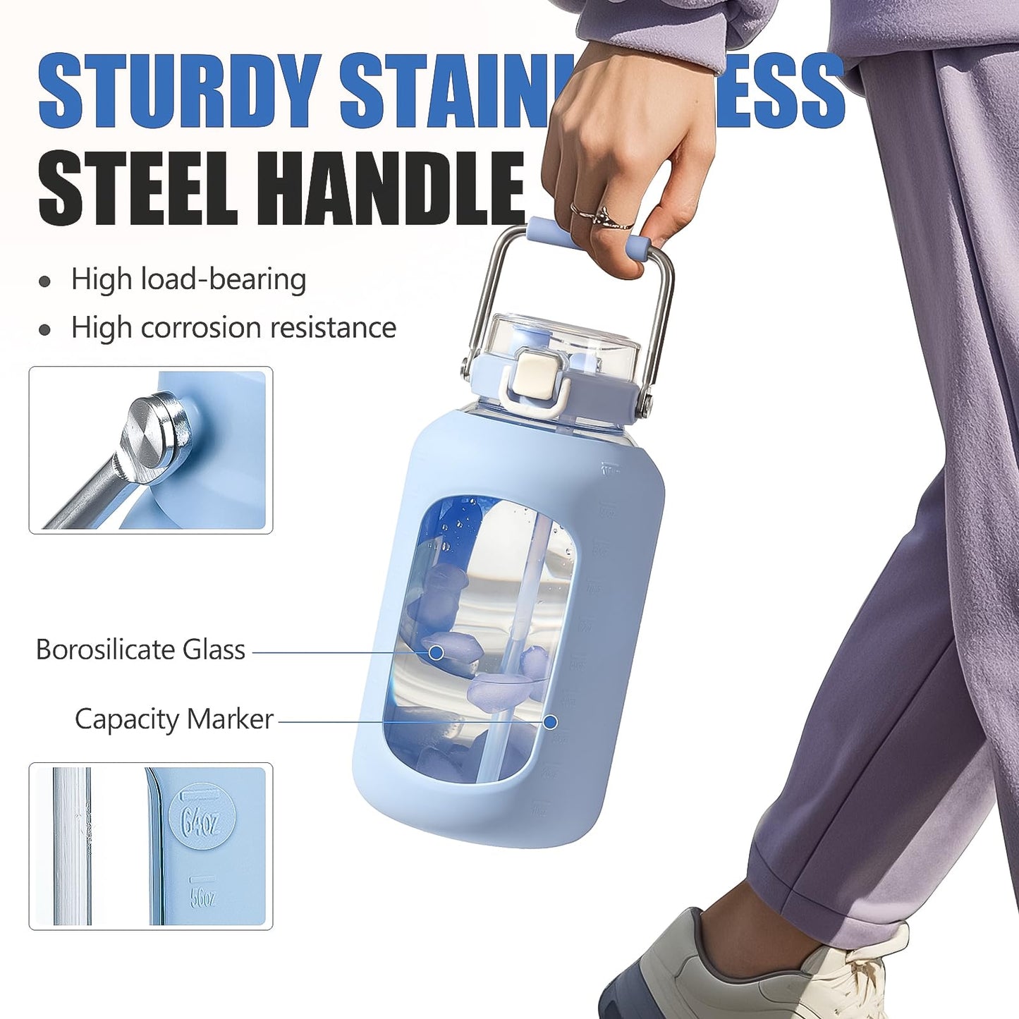 WINSA Large Glass Water Bottles with Stainless Steel Handle,100 oz Gallon Drinking Bottle with 2-in-1 Straw Lid,3 Liter Glass Water Jug with Silicone Sleeve,Wide Mouth,Light Blue
