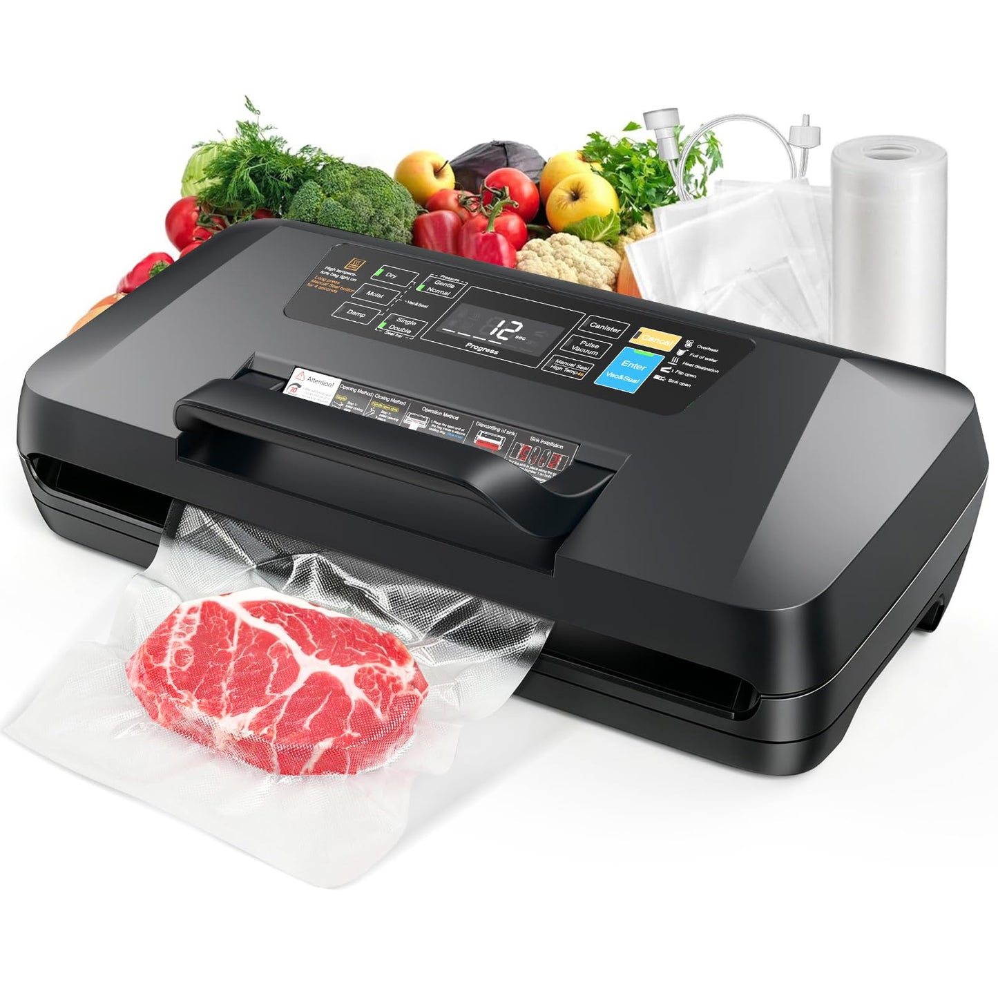 Vacuum Sealer for Food, 10 Modes 95KPa vacuum sealer for Wet/Dry Food, Automatic Food Vacuum Sealer Machine with Double Seal Strip, Built-in Cutter & Roll Storage, Complete Kit with Bags