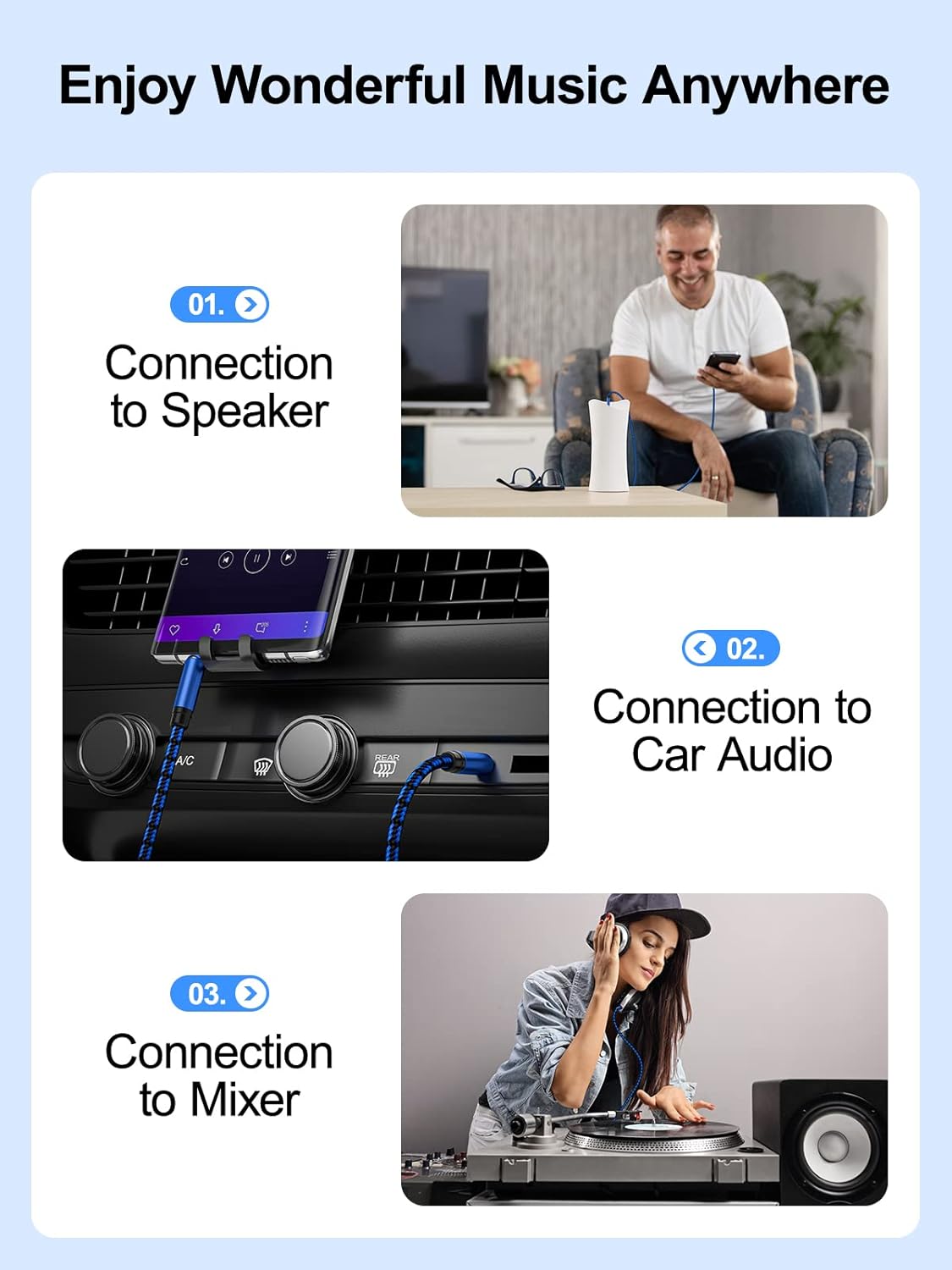 3 3.5mm ft Aux Cord - Audio Cable Compatible with Car Stereo, Nylon Braided Auxiliary Wire for Speaker, Smartphone