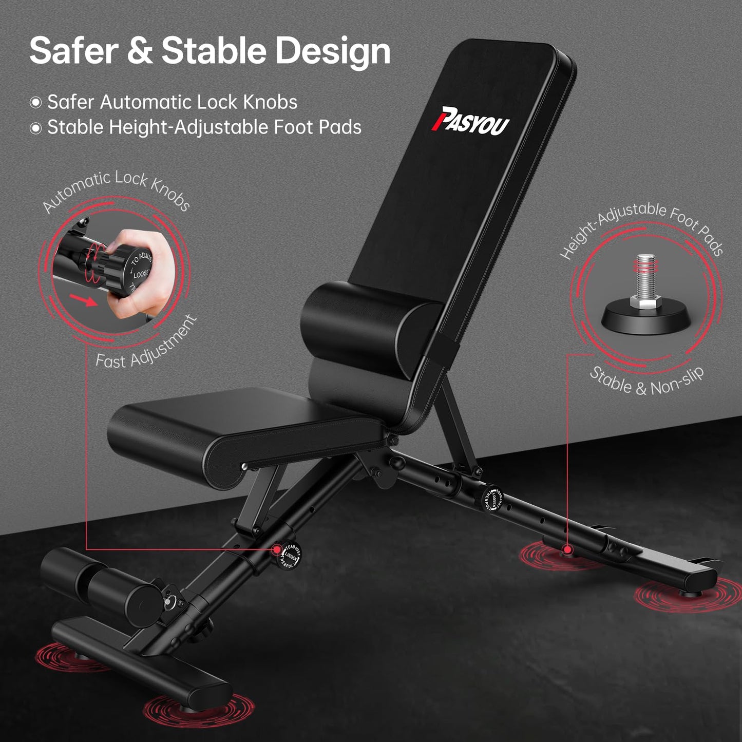 PASYOU Adjustable Weight Bench for Home Gym, Foldable Strength Training Bench with 880 lb Capacity, Incline Decline Flat Positions with Lumbar Support, Compact Workout Bench for Small Spaces