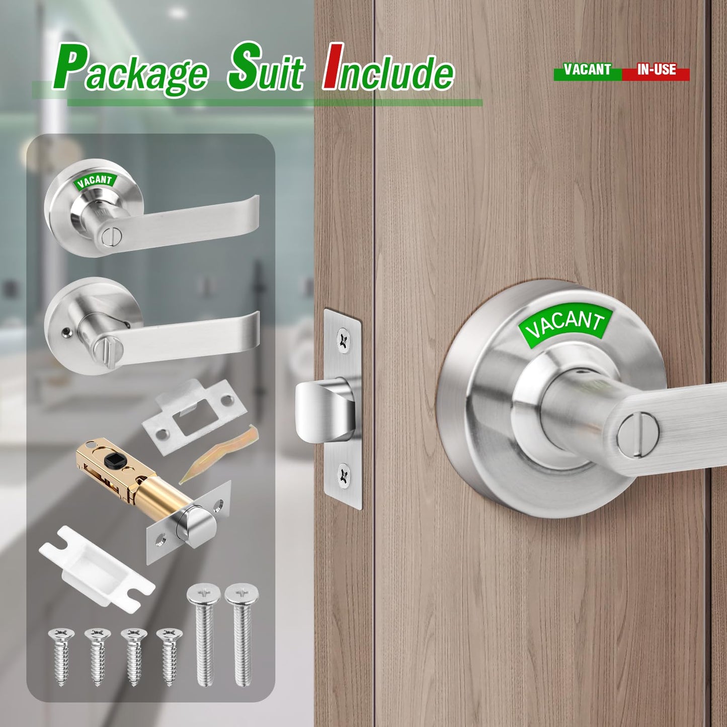 Feeloco Vacant Occupied Bathroom Door Lock - Stainless Steel Privacy Door Handle with Indicator Sign, Fits 1-3/8" to 2" Door, ANSI Grade2 Commercial Door Locks for Restroom Stall, Office, Gym (Silver)