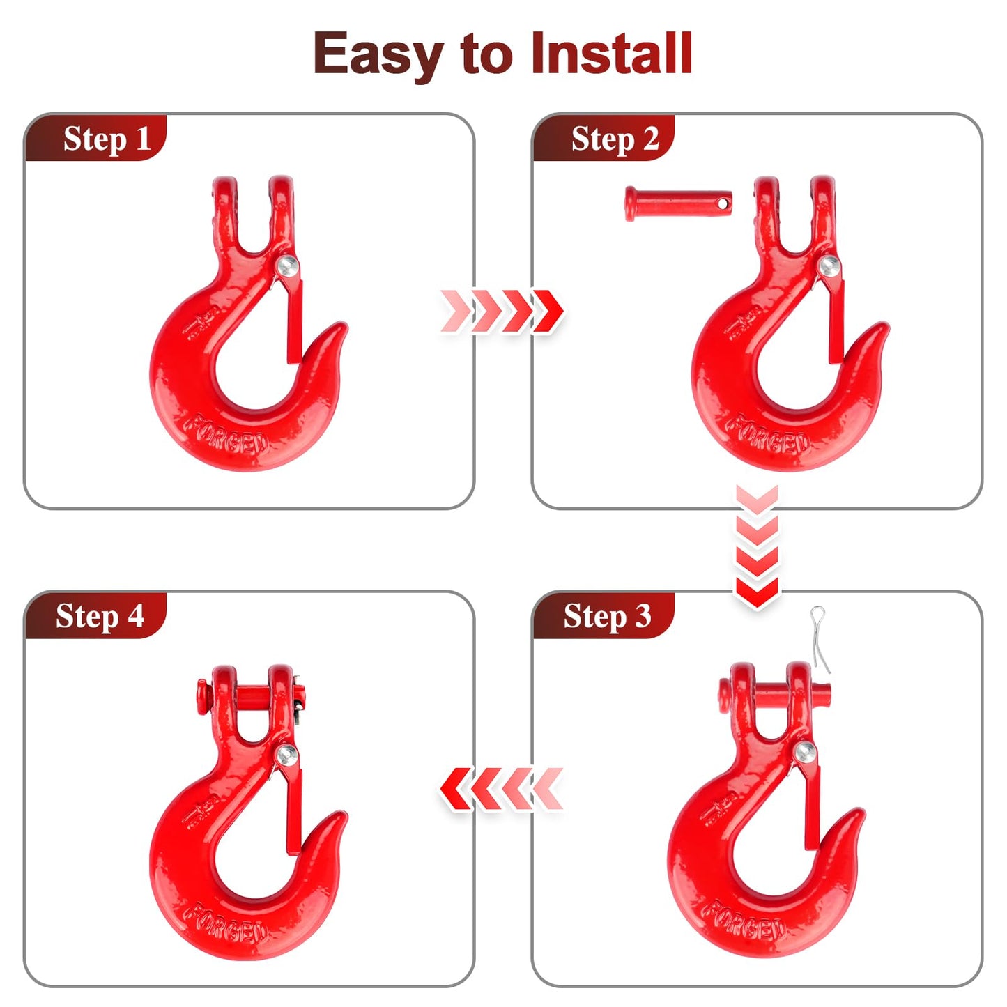 Lechansen G80 Clevis Slip Hook, 5/16" Chain Hooks with Safety Latch, Heavy-Duty Winch Hook, Grade 80 Forged 4 Pack Transport Tow Hook for Maximum Strength Load 18,800 Lbs