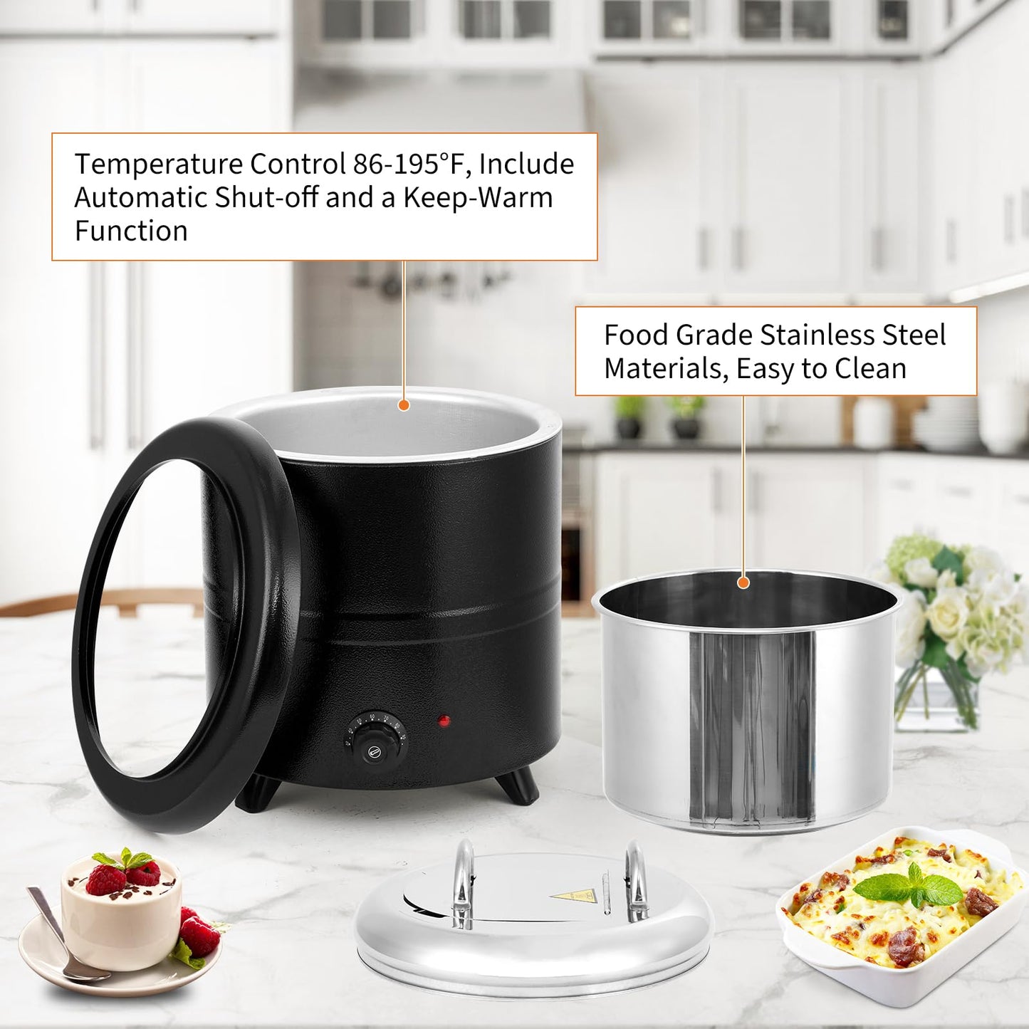 13.7 Qt Commercial Soup Kettle, Large Capacity Soup Warmer with Stainless Steel Removable Insert Pot, Swing Lid & Anti-Scald Handle, Food Warmer with Stable Base for Buffet Party Catering Restaurant