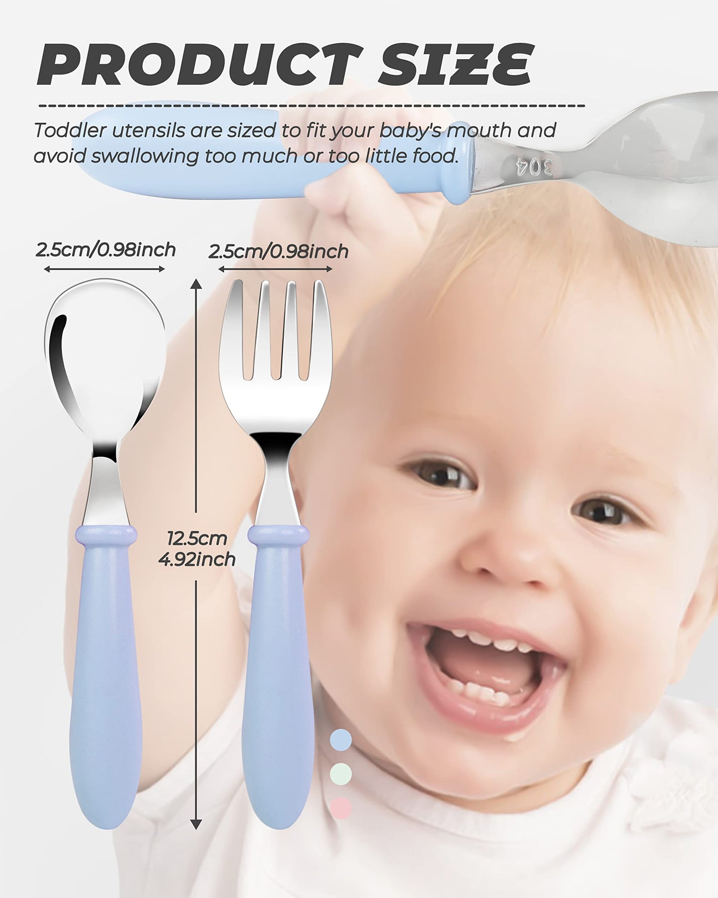 DF DUALFERV 10 pcs Toddler Utensils, Stainless Steel Toddler Silverware Set with Round Handle, Baby Forks for Self Feeding, 5 Forks and 5 Spoons