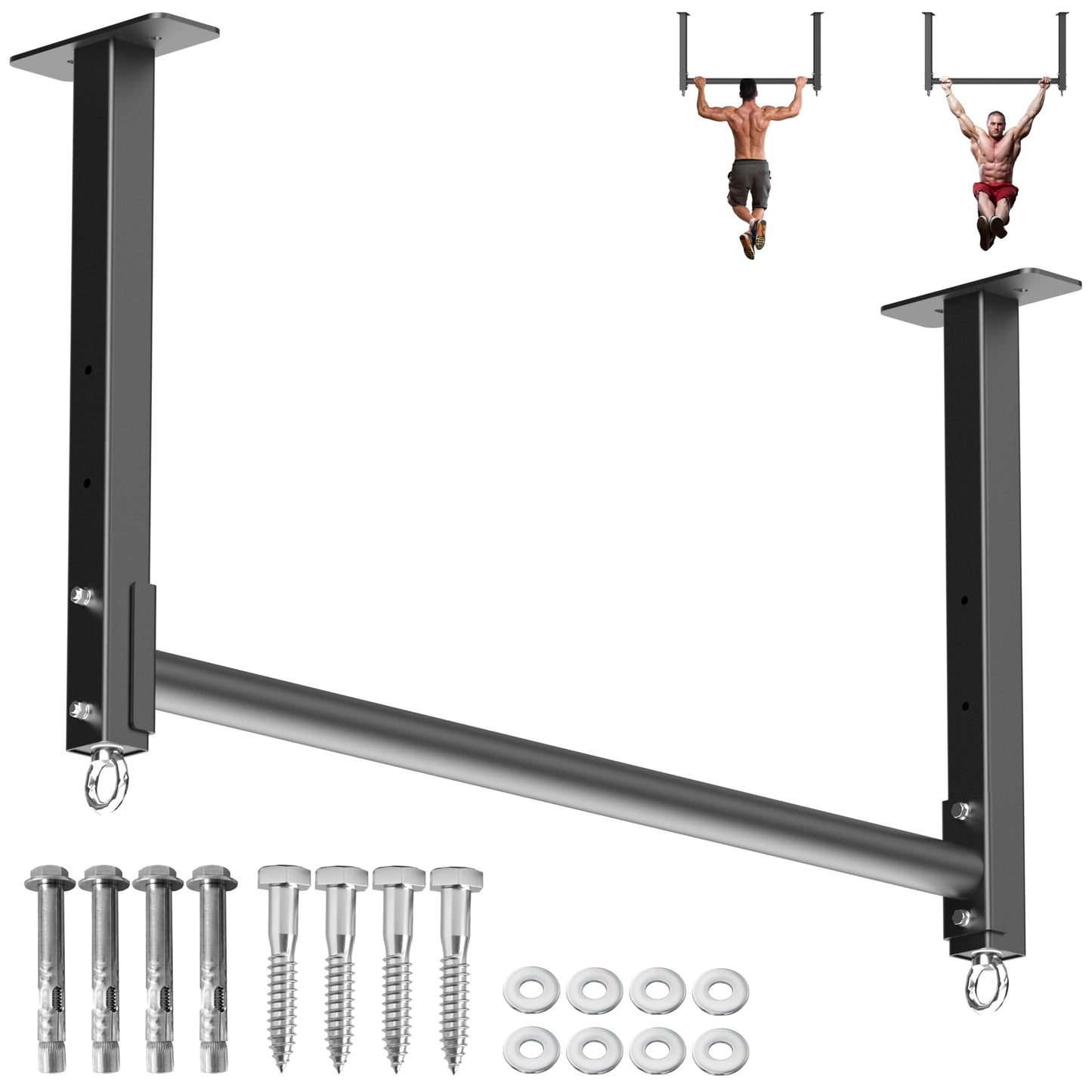 HWOOUSA Ceiling Mounted Pull Up Bar, 3 Adjustable Heavy Duty Pull Up Bars, 16"/24" Rafter Chin Up Bar, Ceiling Joist for Garage/Gym/Basement with Comfortable Grip & Round Anchors, Heavy Duty 700 LBS,Black