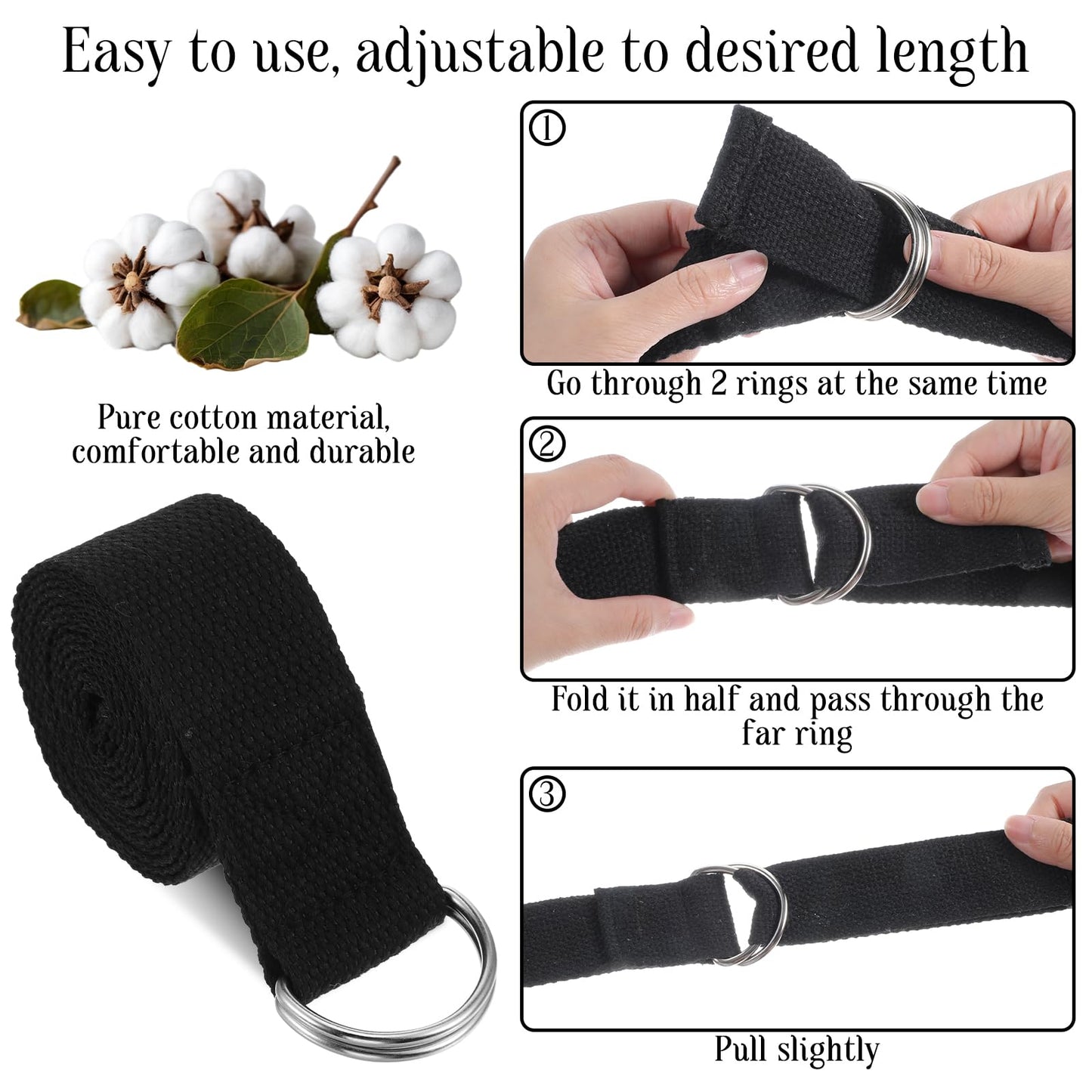 12 Pack Yoga Straps for Stretching, 6 Ft Black Exercise Bands with Adjustable D Ring Buckles for Pilates, Gym Fitness, Flexibility Training, Men Women