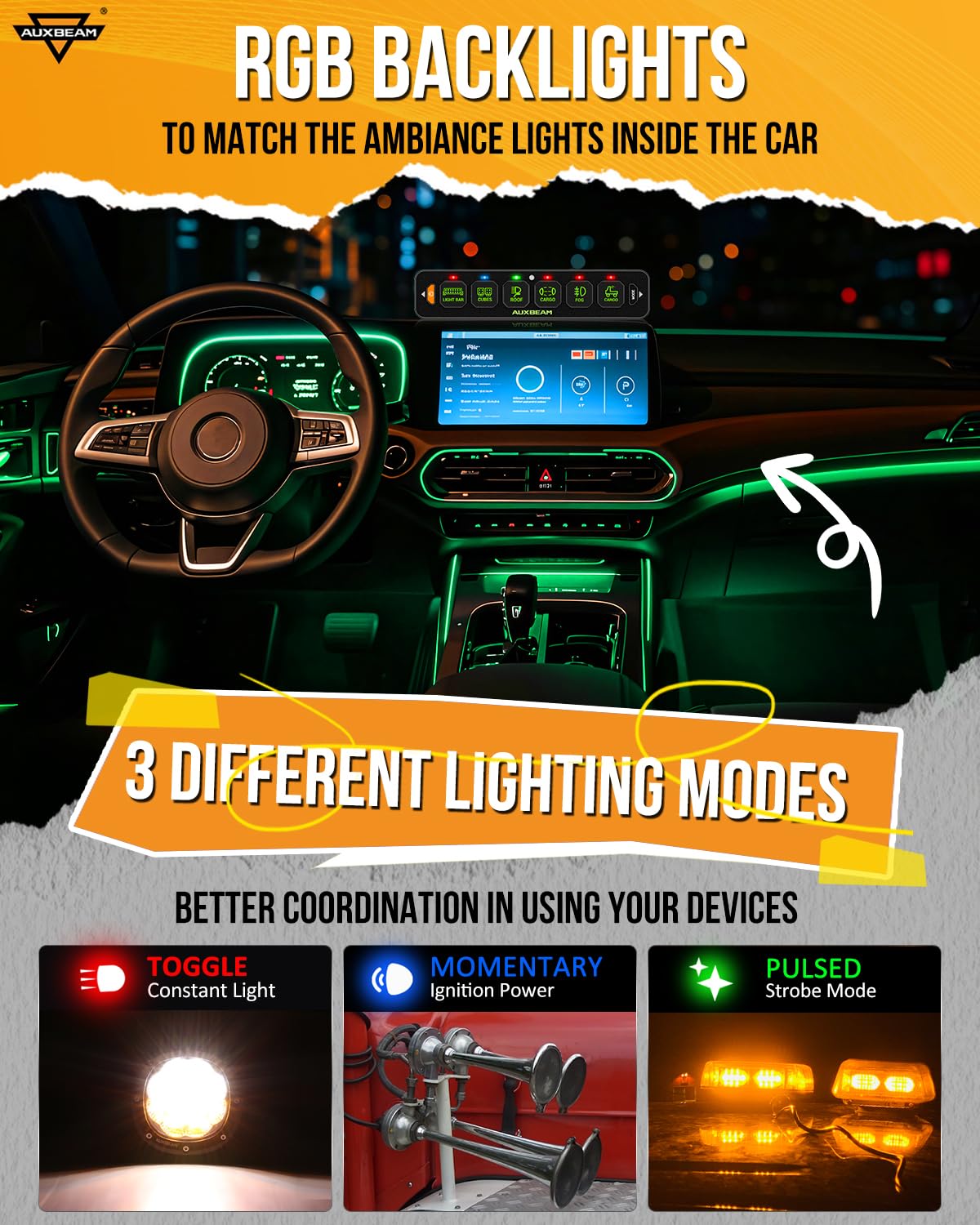 Auxbeam 6 Gang Slim Switch Panel RGB AS-R60 Toggle Momentary Pulsed Dimmable Backlight Multifunction Switch Panel with Memory Function for 12-24V Truck Offroad Car Marine Waterproof, 3 Years Warranty
