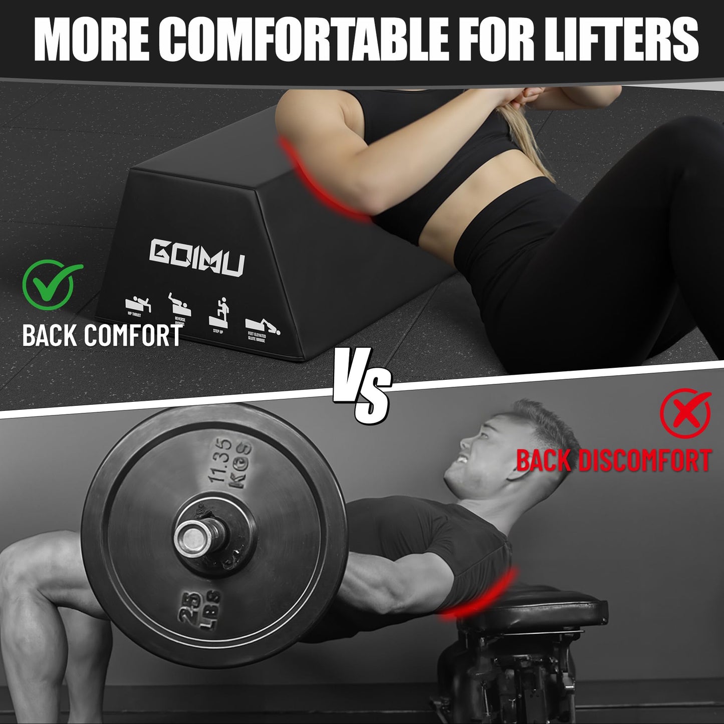 Goimu HT01-B Hip Thrust Bench, Hip Thrust Machine for Core&Ab Strength Training, Hip Thrust Booty Workout Box with Non-Slip, Glute Bridge Machine for Home and Gym, Large/Medium Size (Large-BK)