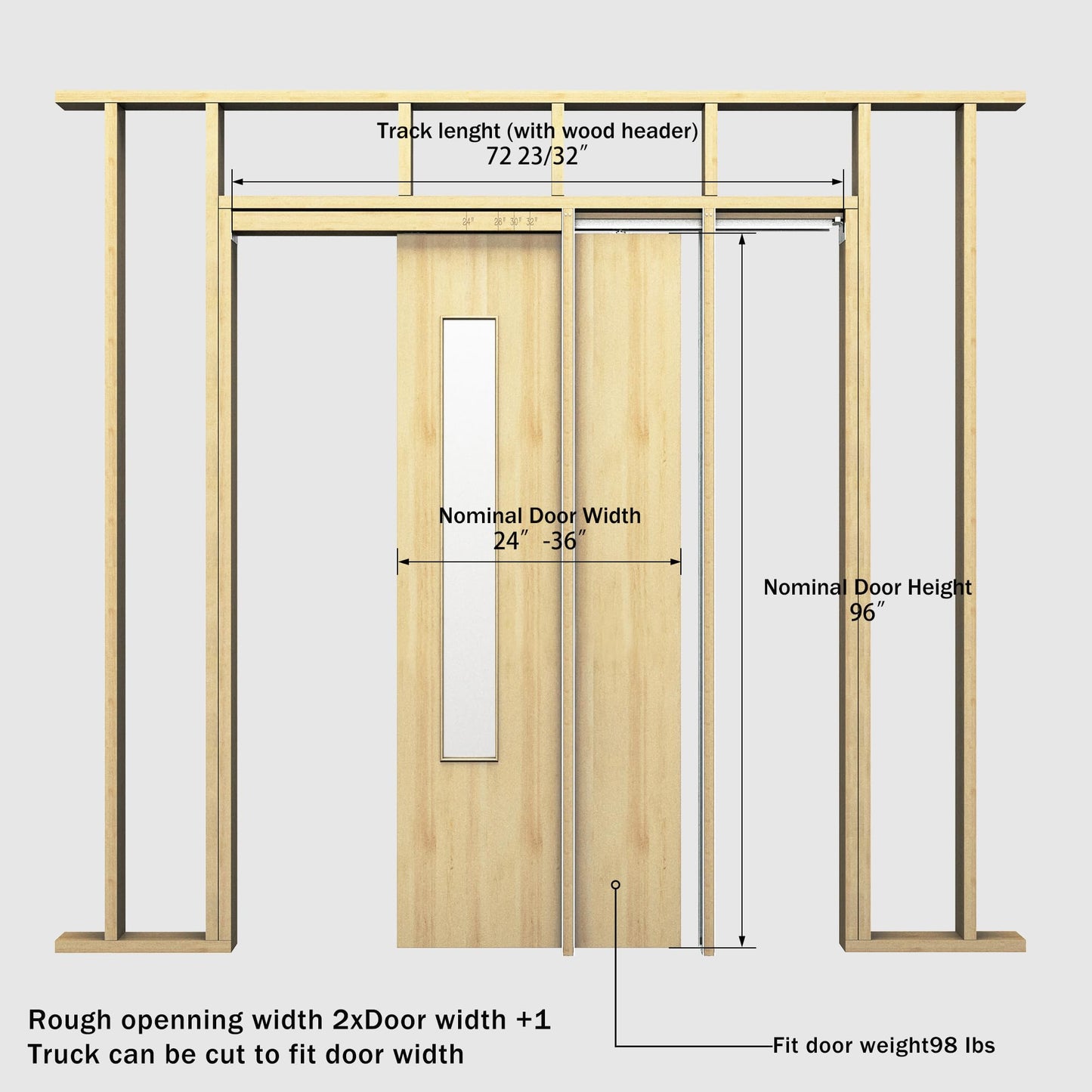 SongYung 24"-36"x 96" Pocket Door Frame Kit with 98LBS Two-Way Soft-Close Mechanism,Aluminum Track Hardware Suitable for Doors Wide 24"-36",2X4 Studs Wall,Smoothly and Quietly Easy to Install