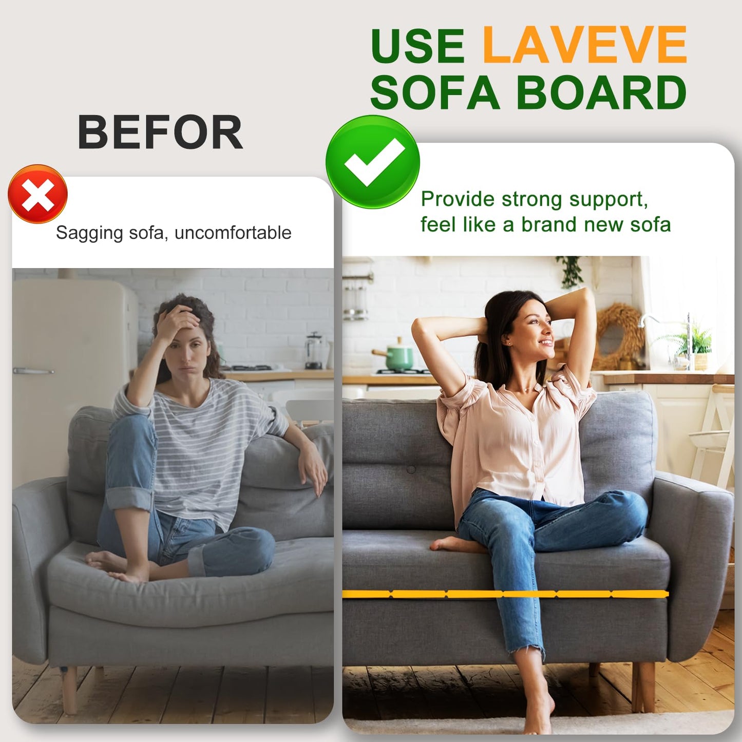 LAVEVE Heavy Duty Couch Cushion Support Board for Sagging Sofa, 24''x72'' Extra Thick Solid Wood Under Couch Insert with Anti-Slip Dots, Repair Sagging Spring Sofa
