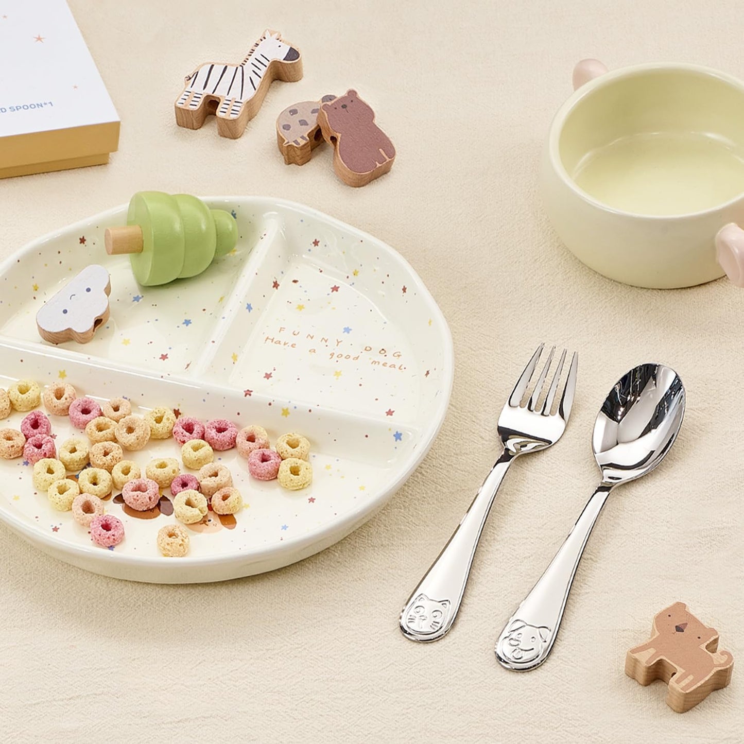 KINGSTONE Toddler Utensils Set, 6-Piece Small Forks & Spoons, 18/10 Stainless Steel, Cat & Dog Print, Ergonomic Self-Feeding Kids Flatware for Home, Travel & Preschool