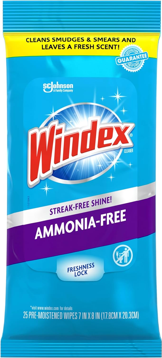Windex Glass Cleaning Wipes - Ammonia-Free, Pre-Moistened, Fresh Crystal Rain Scent | 25 Count