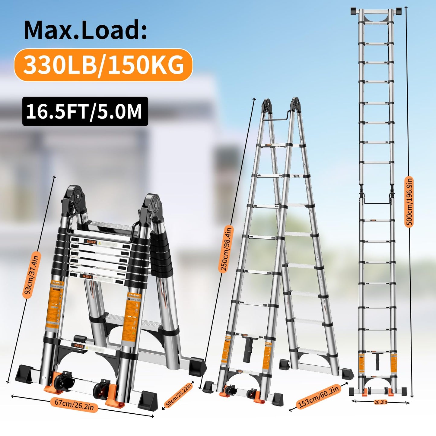 Telescoping Ladder A Frame,Telescopic Ladder for Home, Roof, RV，16.5 Ft Stainless Steel Extension Ladder with Dual Balance Bars,Wheels and 2 Triangle Stabilizers，330 lb Capacity (16.5FT-A Frame PRO)