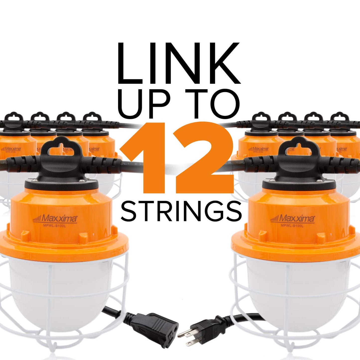 Maxxima Heavy Duty LED Construction String Light - 10,000 Lumens 100 Watts, 50 Ft, Linkable, 5000K Daylight, IP65, Ideal for Portable Job Site or Shipyard Lighting Needs