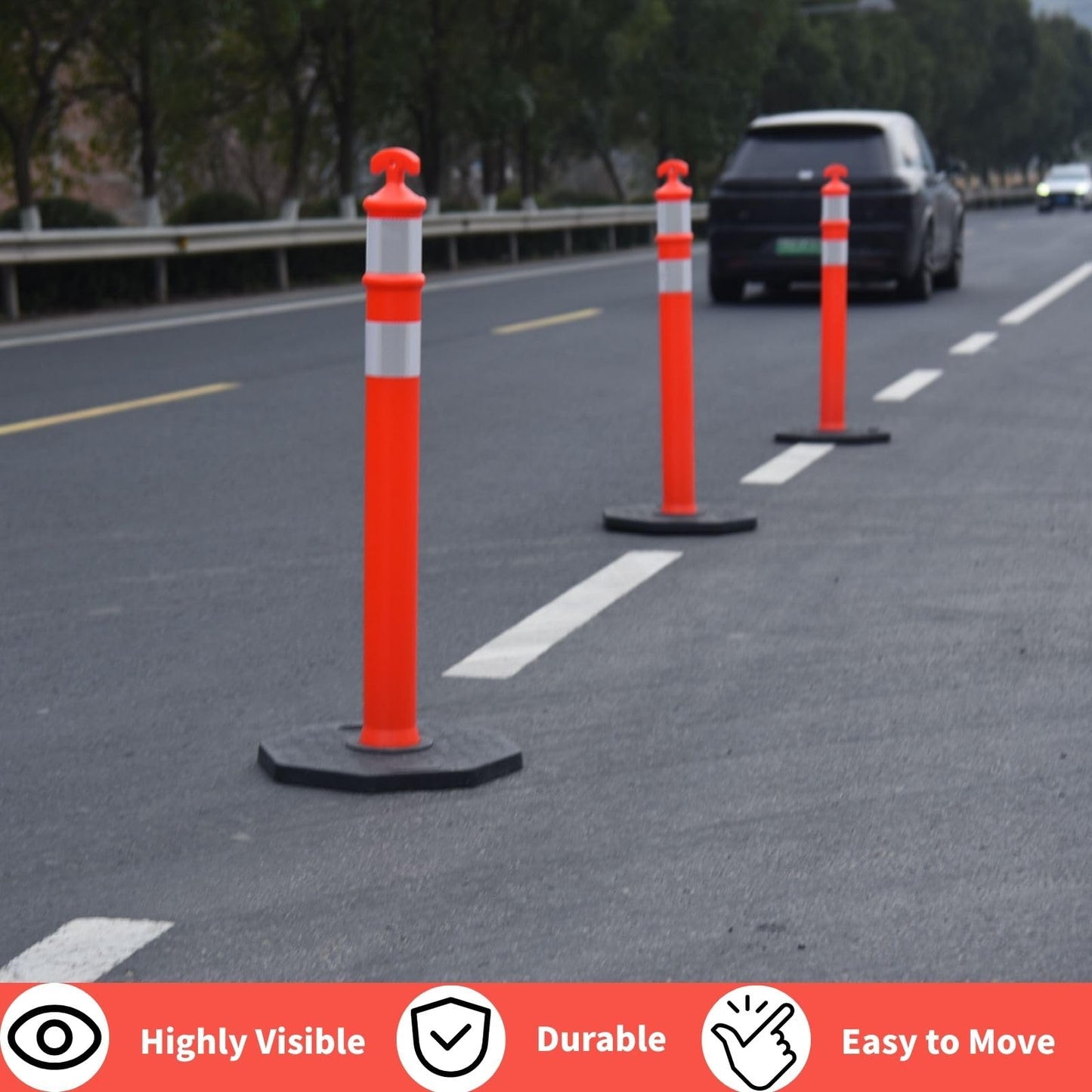 OranclUS Reflective Rubber Base Traffic Delineator Post - Heavy-Duty Safety Bollards for Parking Lot Markers, Road Construction, Driveway Warning - with Reflective Strips (6 Pack - 42 Inch)