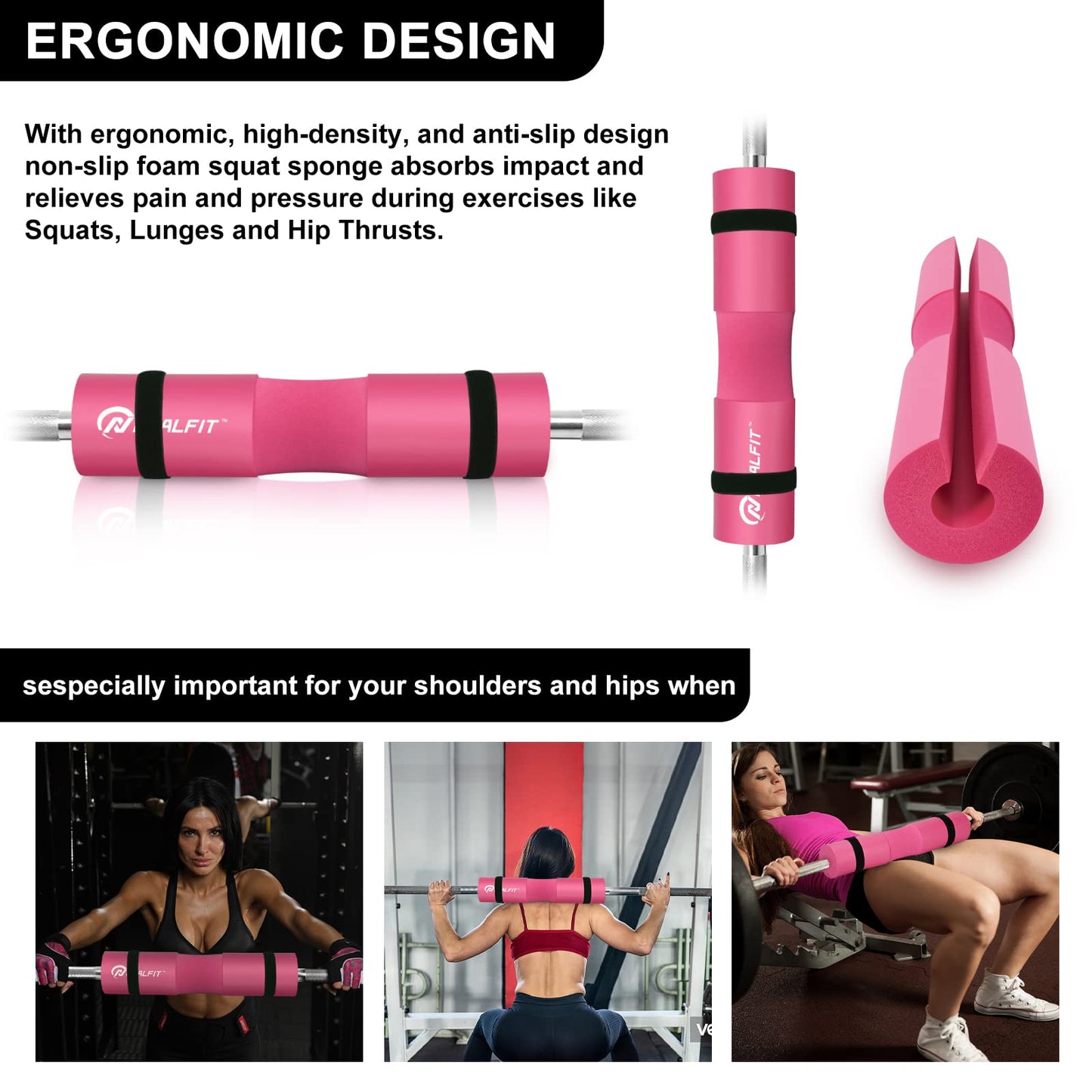 NEALFIT Barbell Pad Set for Squats, Lunges and Hip Thrusts, Neck & Shoulder Protective Pad, Standard Olympic Bars with 2 Gym Ankle Straps, Hip Resistance Band, Barbell Pad, Carry Bag (Pink)