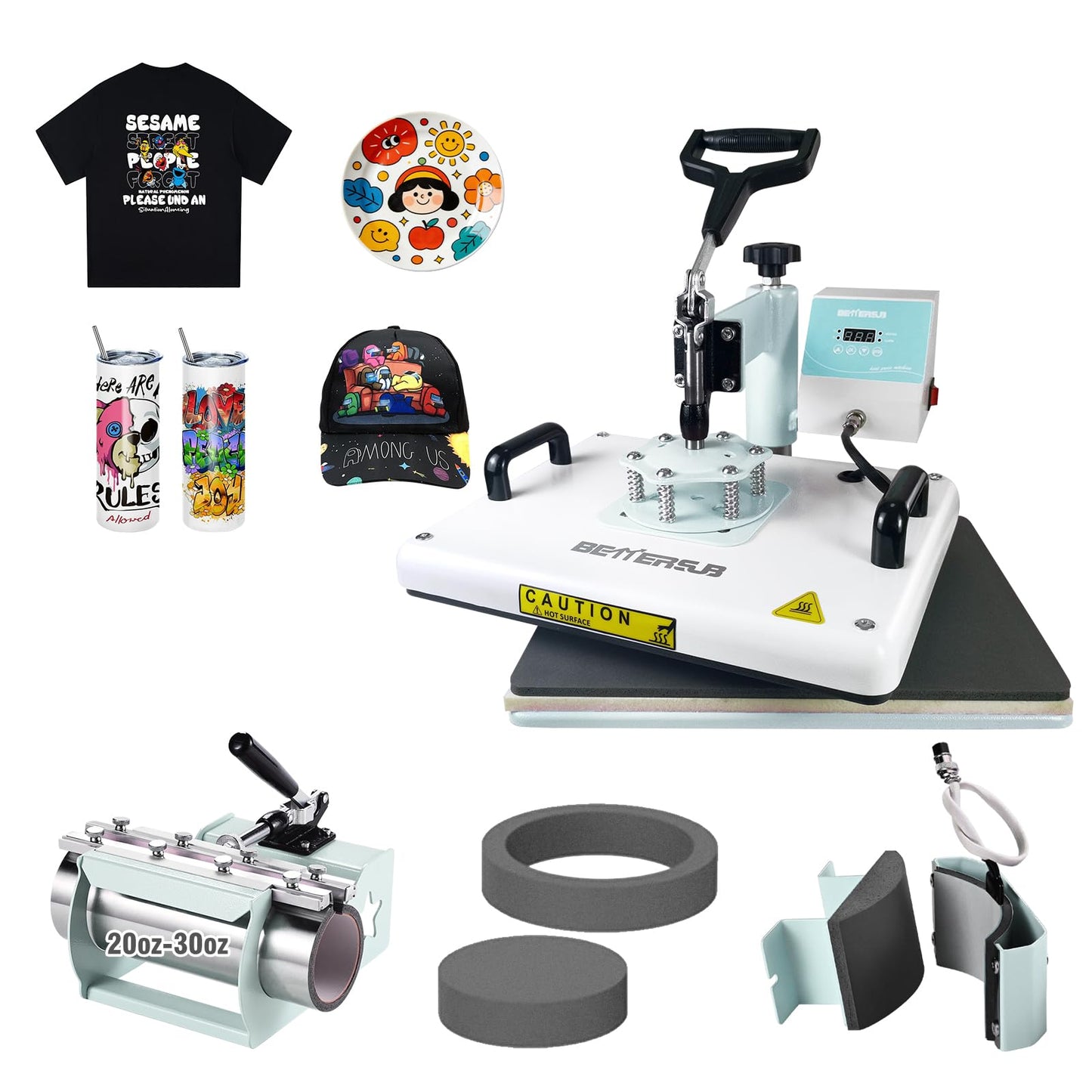 BetterSub Heat Press,5 in 1 Heat Press Machine,T-Shirt Heat Transfer Industrial-Quality Sublimation Machine,360 Degree Swivel 12x15 Print Press Machine for Mug Hat Plate Cap (30oz 5 in 1 12"x15" Teal)