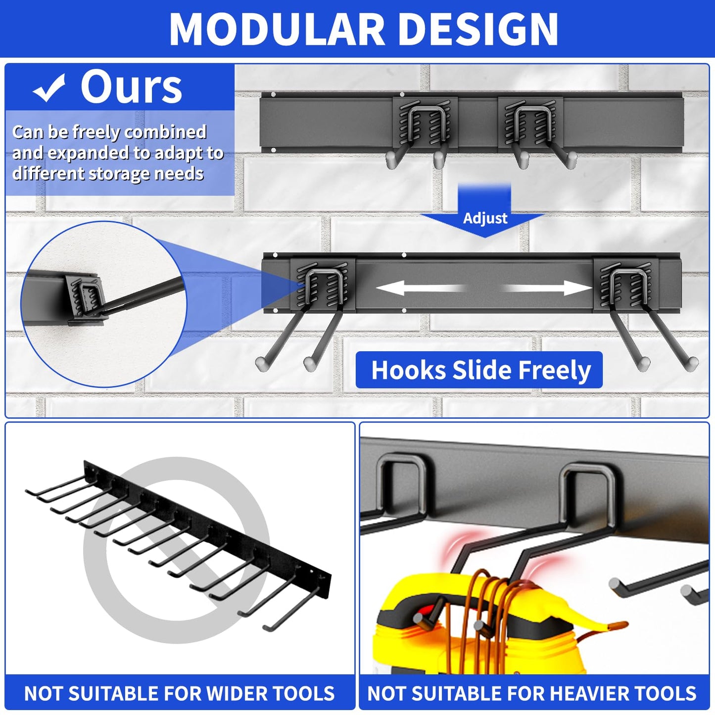 CRXCRC Garage Tool Organizer Wall Mount, 48 Inch Heavy Duty Garden Tool Organizer Storage System, Easy Install with 6 Adjustable Straight Hooks, for Garage, Basement, Shed, Workshop, Black, Steel
