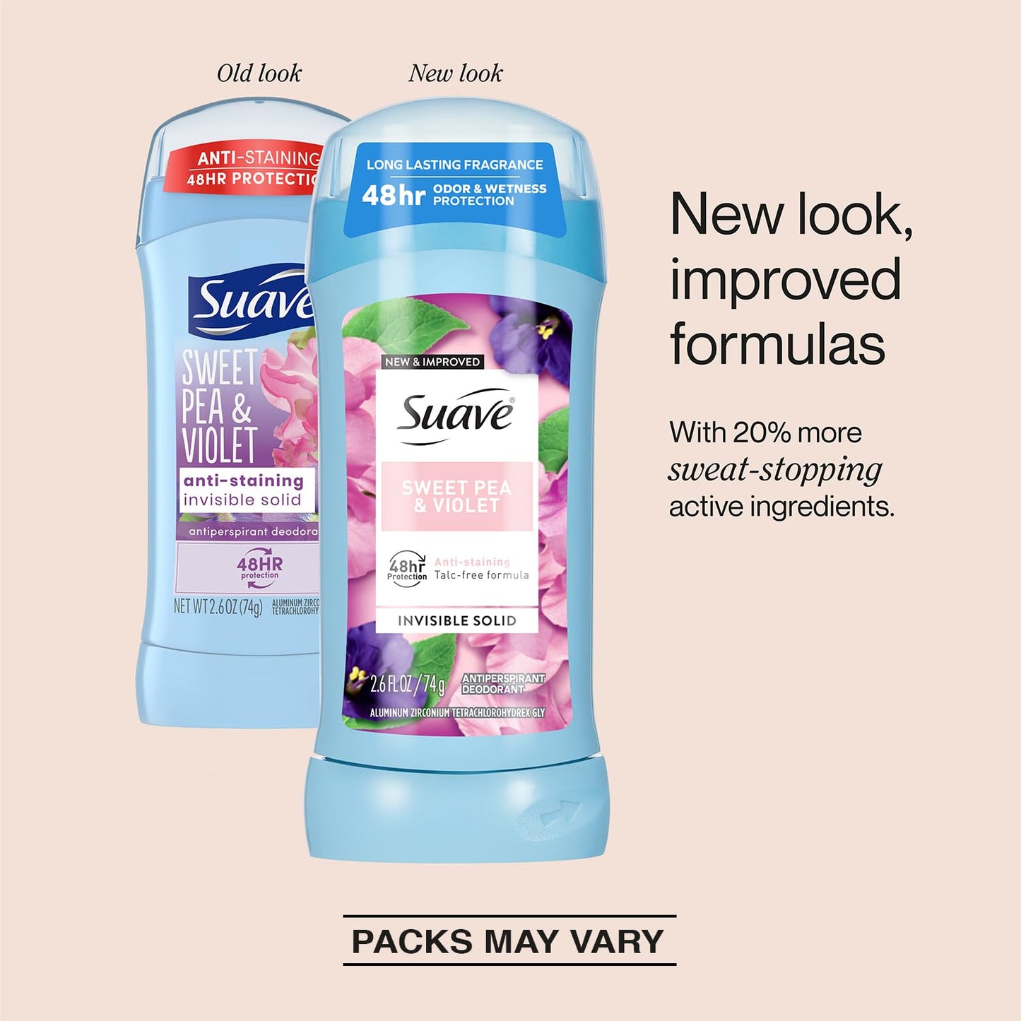Suave Antiperspirant Deodorant for Women, Sweet Pea & Violet 3-Pack – Anti-Staining Invisible Solid Sticks, Talc-Free, 2.6 Oz Ea