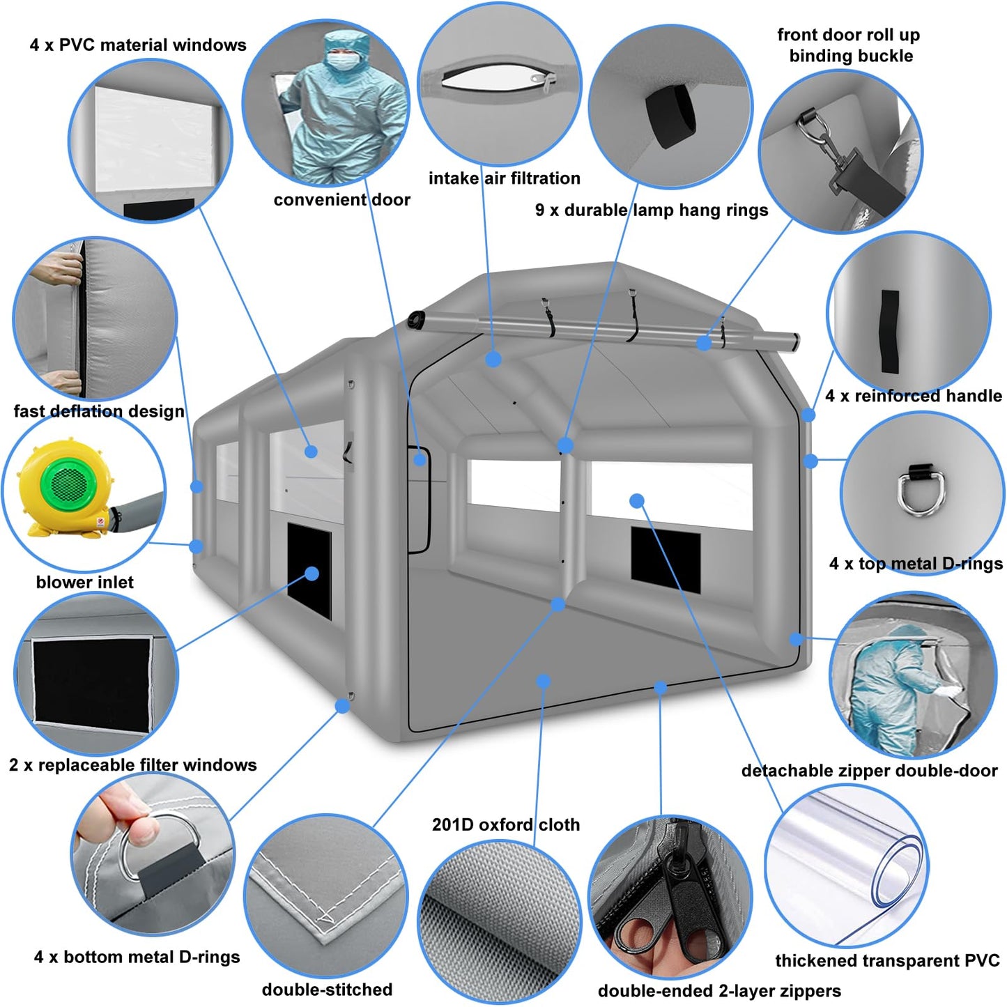 GZKYYLEGS Inflatable Paint Booth, 20X13.5X9.7Ft Spray Paint Booth, High Powerful 1100W Blower Inflatable Spray Booth with Air Filter System for Car Parking Tent Workstation