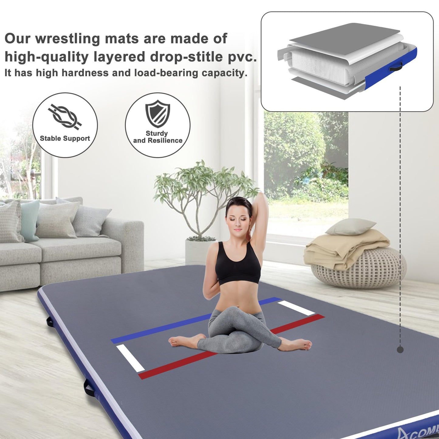 ACOMUZI Inflatable Wrestling Mat 13FT/10FT/5FT, Portable Jiu Jitsu Mats Wrestling Mat for Home, Outdoor or Indoor Training Mat for Water Yoga, Gymnastics, BJJ, MMA (Gray+Blue, 10FTx5FT×4inch)
