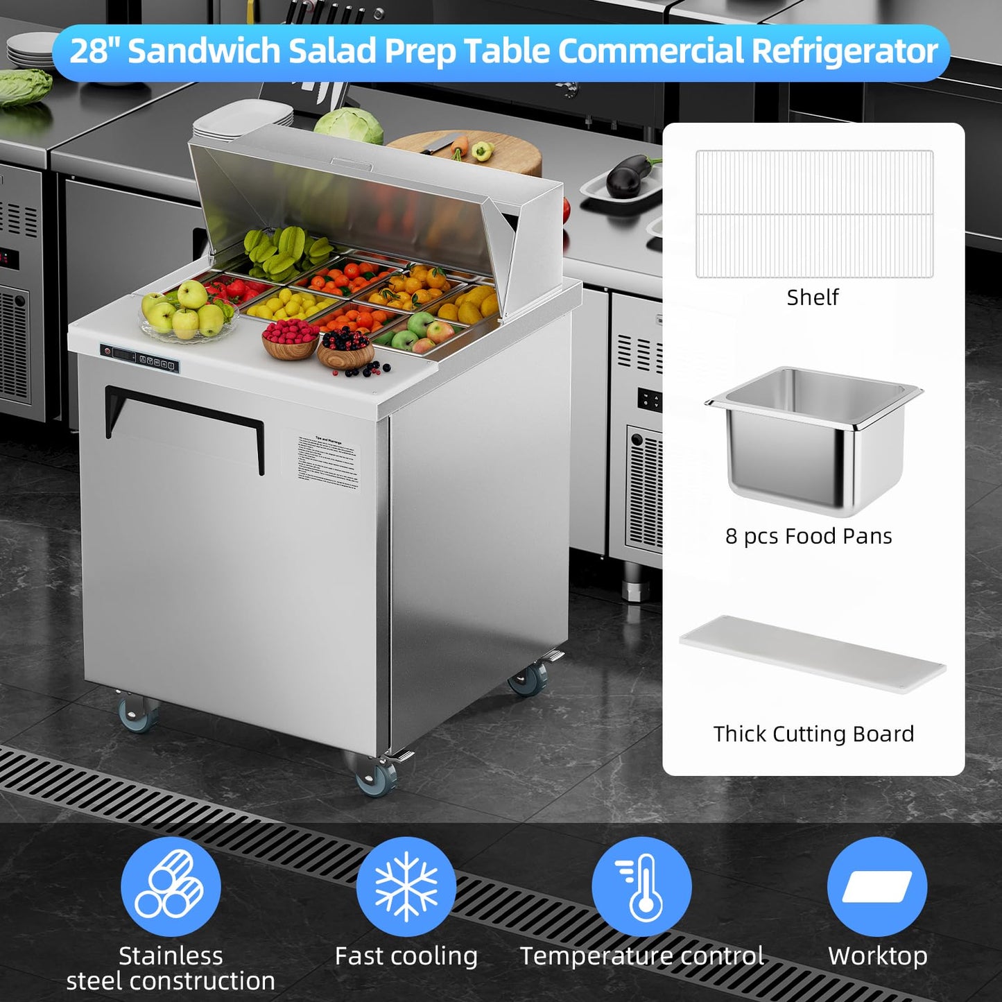 GarveeHome Commercial Refrigerator, 28" Undercounter Worktop Refrigerator,7.4 cu. ft W Single Door Thick Stainless Steel Refrigerator Sandwich Salad Prep Station Cooling with Cutting Board and 8 Pans