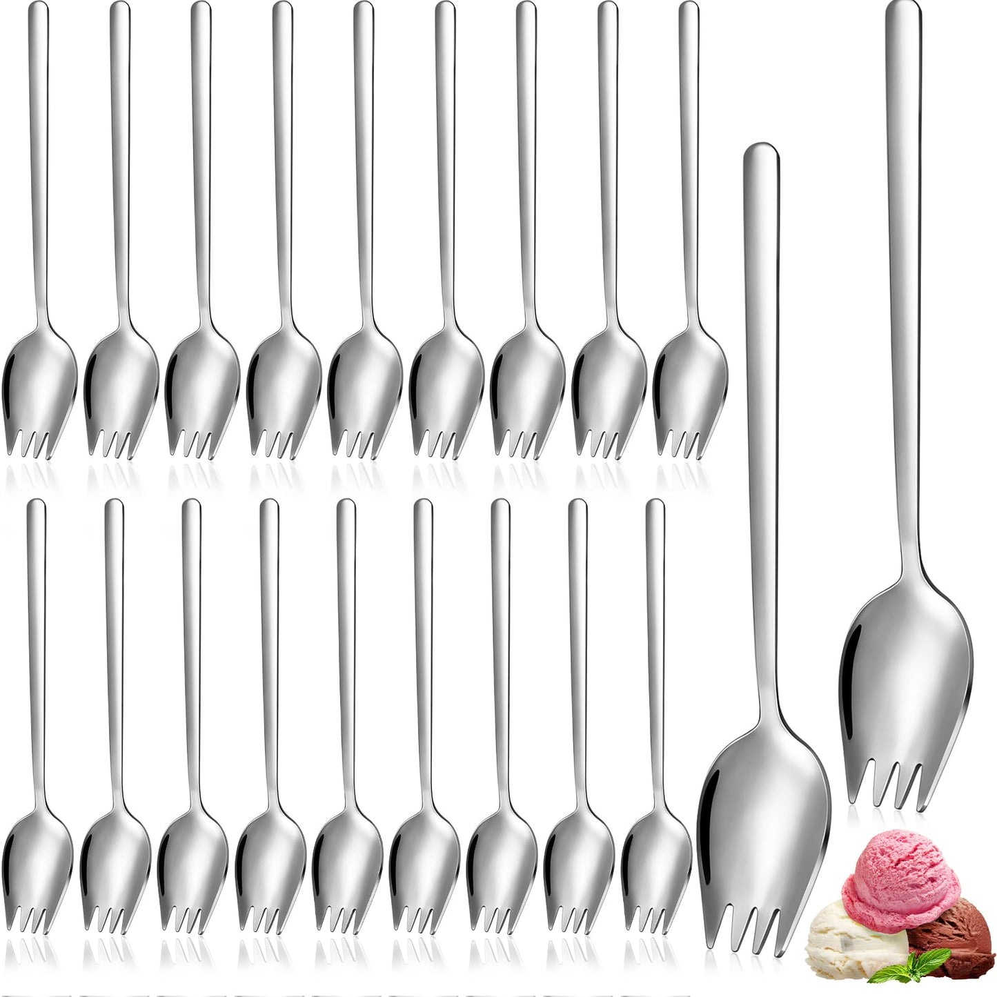 FillTouch 20 Pcs Stainless Steel Sporks Salad Forks Long Handle Dessert Ice Cream Spoons Fork Reusable Fruit Appetizer Sporks for Everyday Use, Camping, Back to School Lunch Supplies(5.9 Inches)
