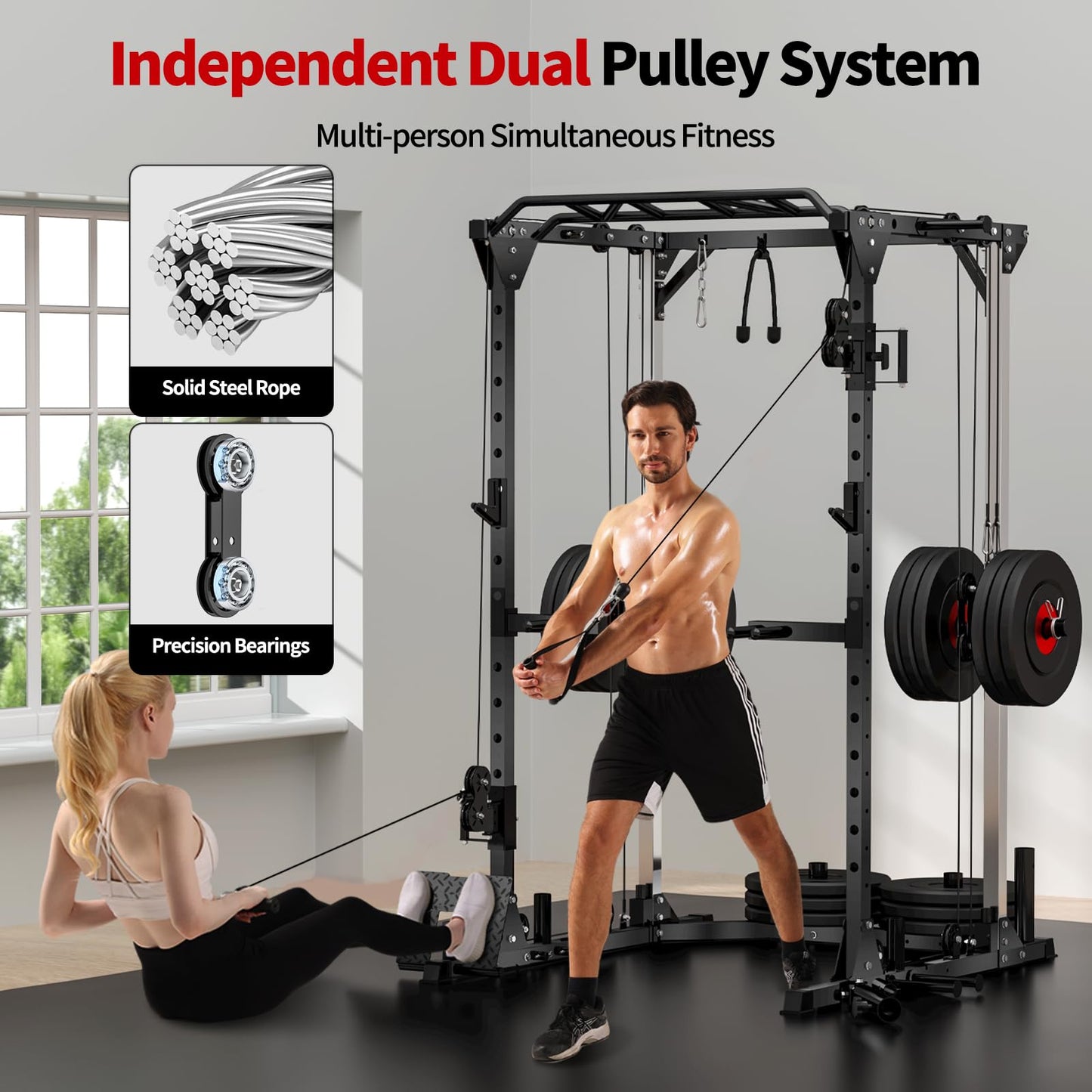 JEEKEE Power Cage with Cable Crossover System, 2000LB Multi-Function Power Rack with Independent Dual Pulleys, LAT Pulldown Seat Cushion, 20+ Attachments Squat Rack for Home Gym Workout,Black