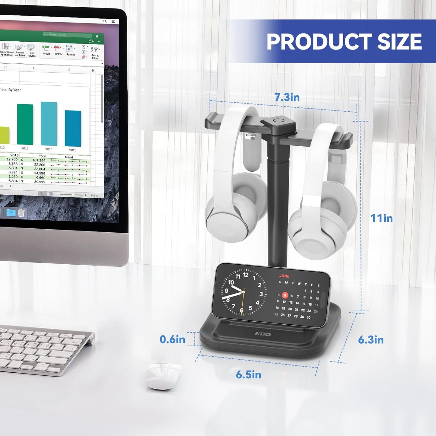 KDD Headset Dual Headphone Stand for Desk - Rotatable Hanger with Phone Holder - Removable Non-Slip Base for Gamers