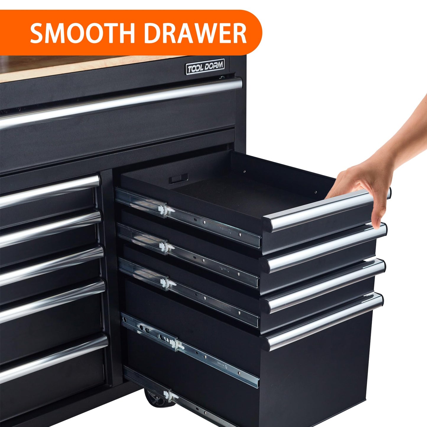 TOOL DORM Rolling Large Tool Chest 56-Inch 10 Drawers, Big Tool Chest with Drawers, Workbench with Wooden Top and Power Strip, Rolling Toolbox with Drawers and Locking System, Black