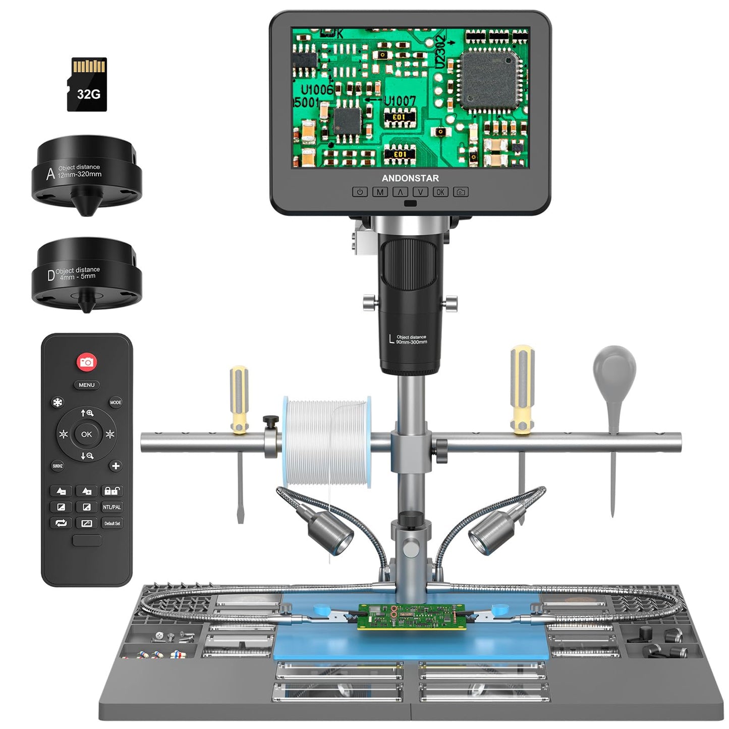 Andonstar AD246S-M Plus 7'' HDMI Soldering Digital Microscope for Electronics Repair, 2000x 3 Lens 2160P UHD Video Record, Soldering Microscope Station with Helping Hands, Coin Full View 32GB Card