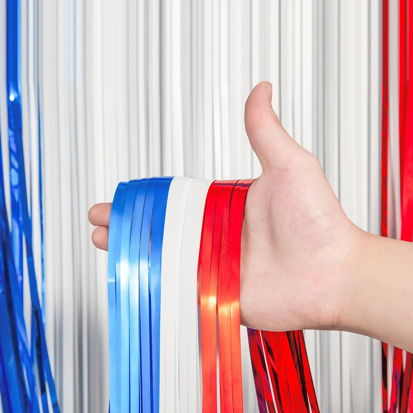 Voircoloria Red, White & Blue Foil Fringe Backdrop Curtains - 3 Pack Tinsel Streamers for Patriotic Celebrations