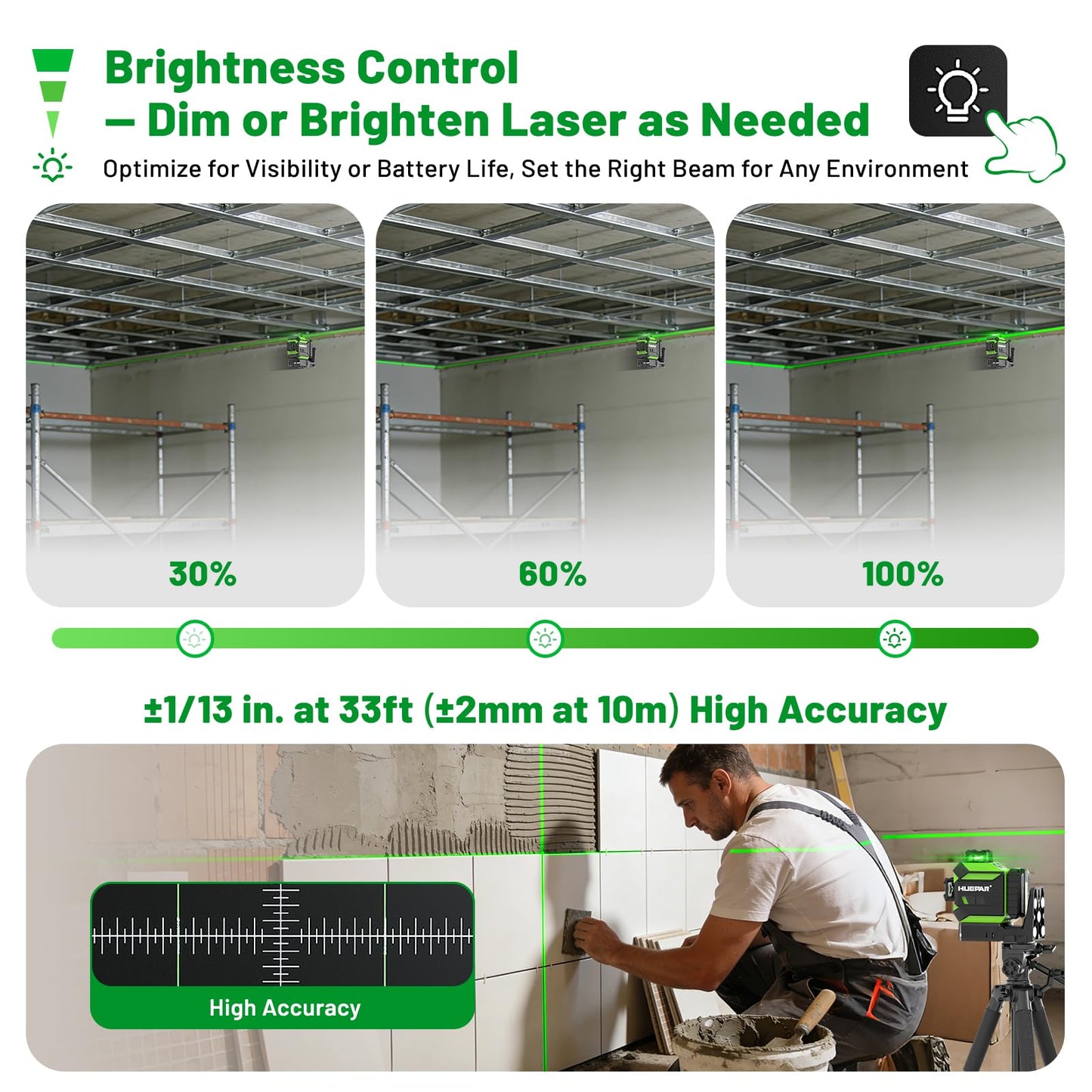 Huepar Laser Level 360 Self Leveling Outdoor with Fixed-Point Pivot Alignment Adjustment, 1/13"Precision Lazer Leveler with Pulse Mode, Adjustable Brightness, Remote Control Receiver, Solo Projects