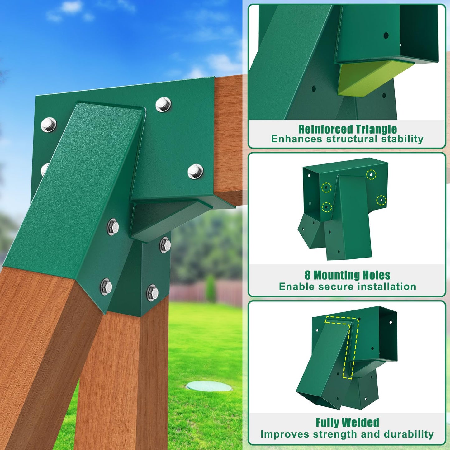 BeneLabel A-Frame Swing Set Brackets with 4pcs Swing Leveling Base Brackets Heavy Duty Swingset Hardware Kit DIY Swingset End Bracket for 4 (4x4) Legs & 1 (4x6) Beam Green