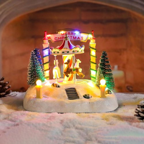 Bdor Christmas Carousel Decoration - Lighted Musical Merry-Go-Round with Reindeer & Trees | 7.5"x5.5"x6" Holiday Centerpiece