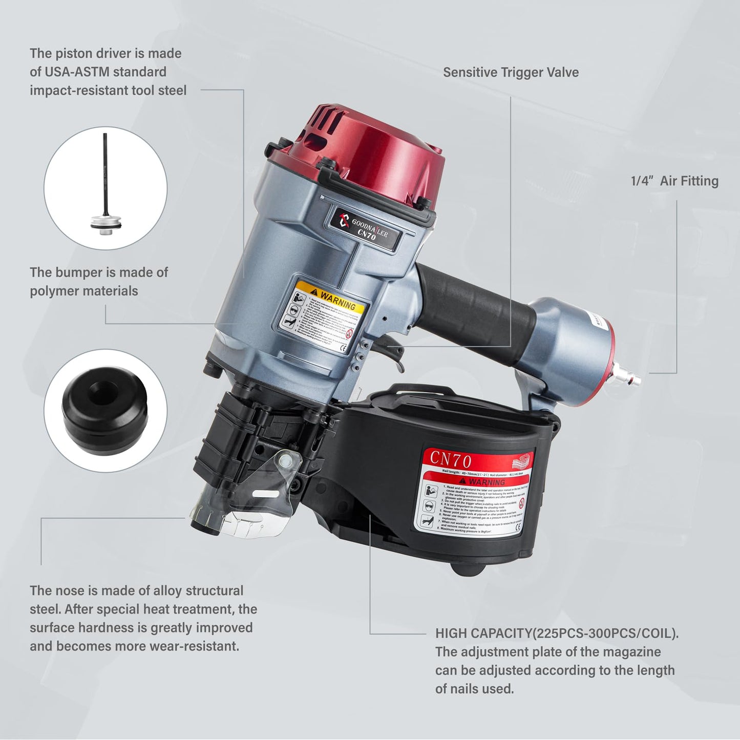 Goodnailer CN70 Air Coil Nailer 15 Degree 1-3/4-Inch to 2-3/4-Inch Siding Nailer Fast Shooting For Wooden Pallet Packing Wood Fencing